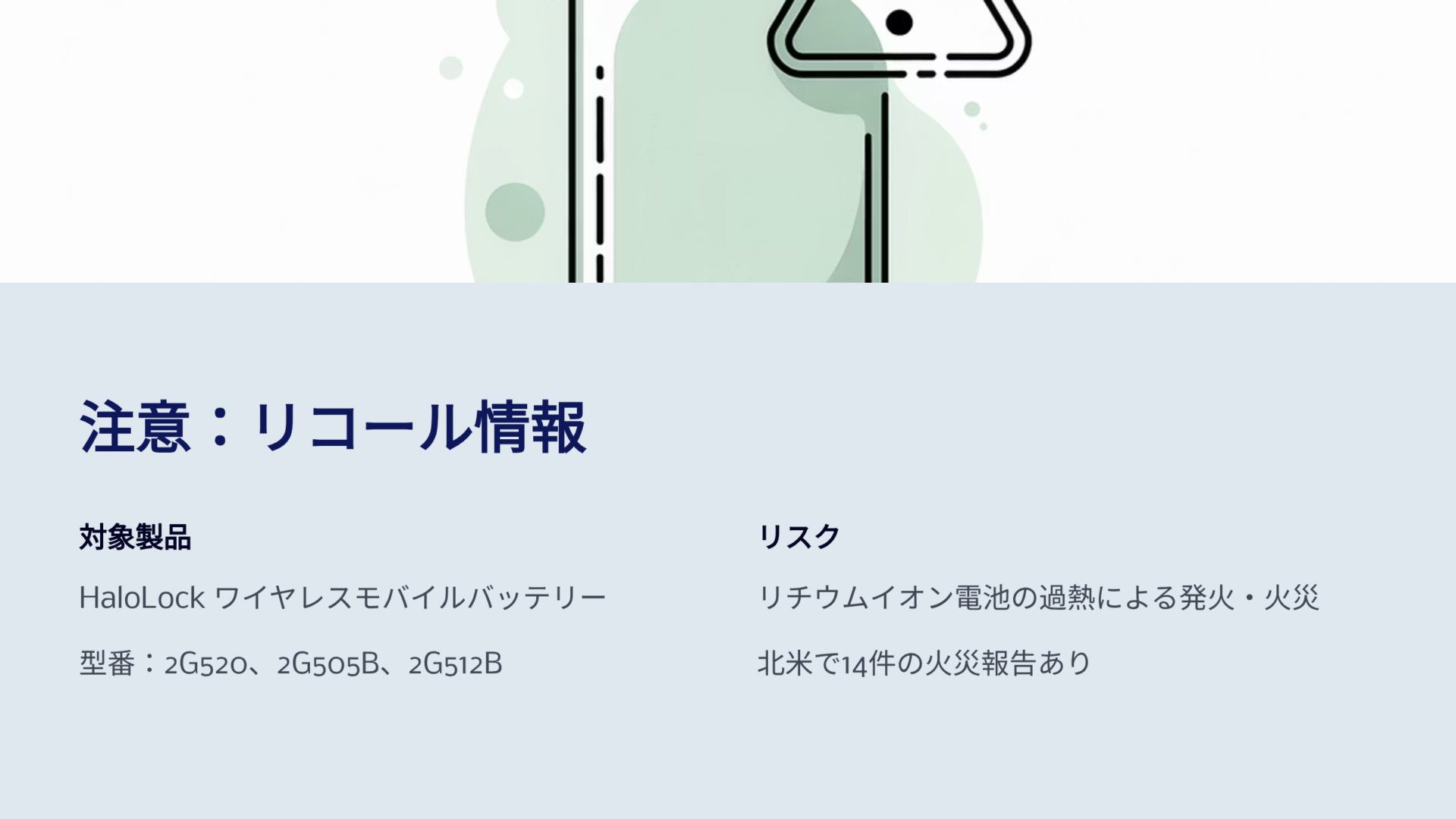 HaloLockワイヤレスモバイルバッテリーリコール 型番2G520 2G505B 2G512B リチウムイオン電池過熱による発火火災リスク