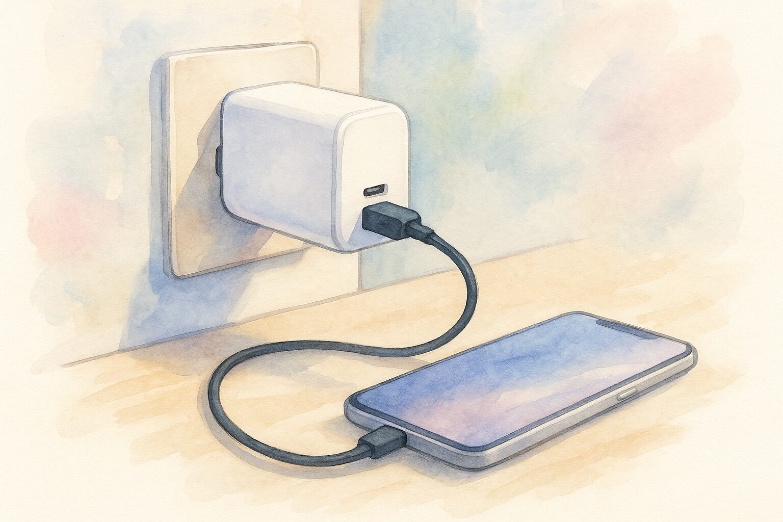 壁のコンセントに白い充電器を差し黒いケーブルでスマートフォンを充電している水彩画