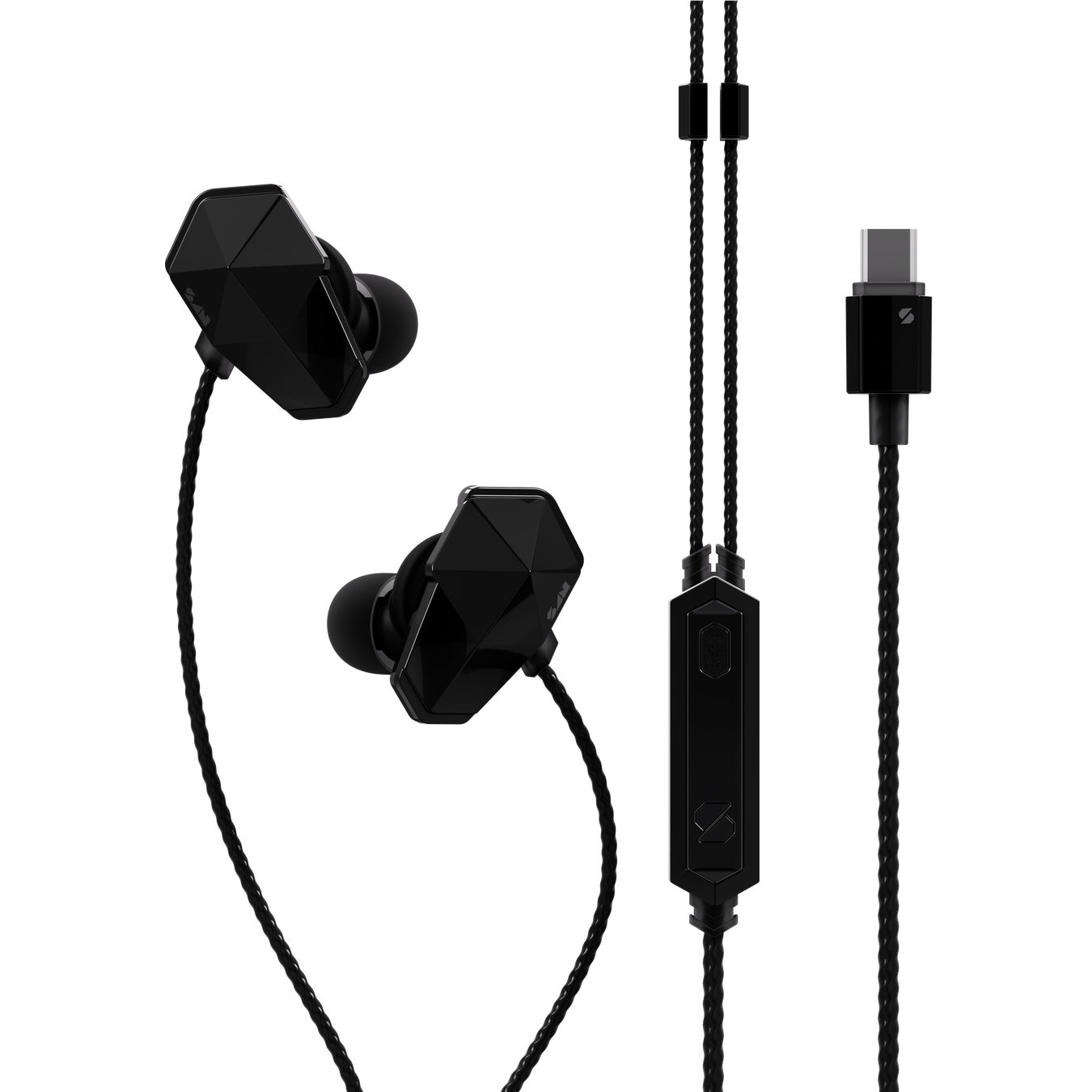 多面体ハウジングの黒いイヤホン本体、操作部付きインラインモジュール、編組ケーブル、USB-C端子が白背景に配置された製品写真
