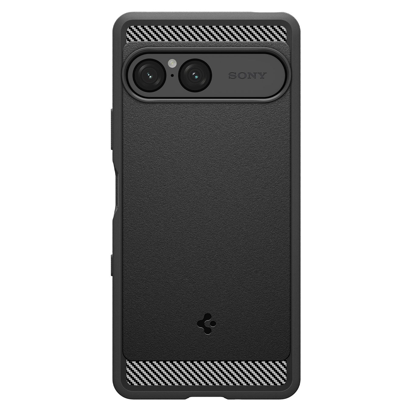黒色のスマートフォンケースを背面から捉えた製品写真。上下にカーボン調パターンが配されている。