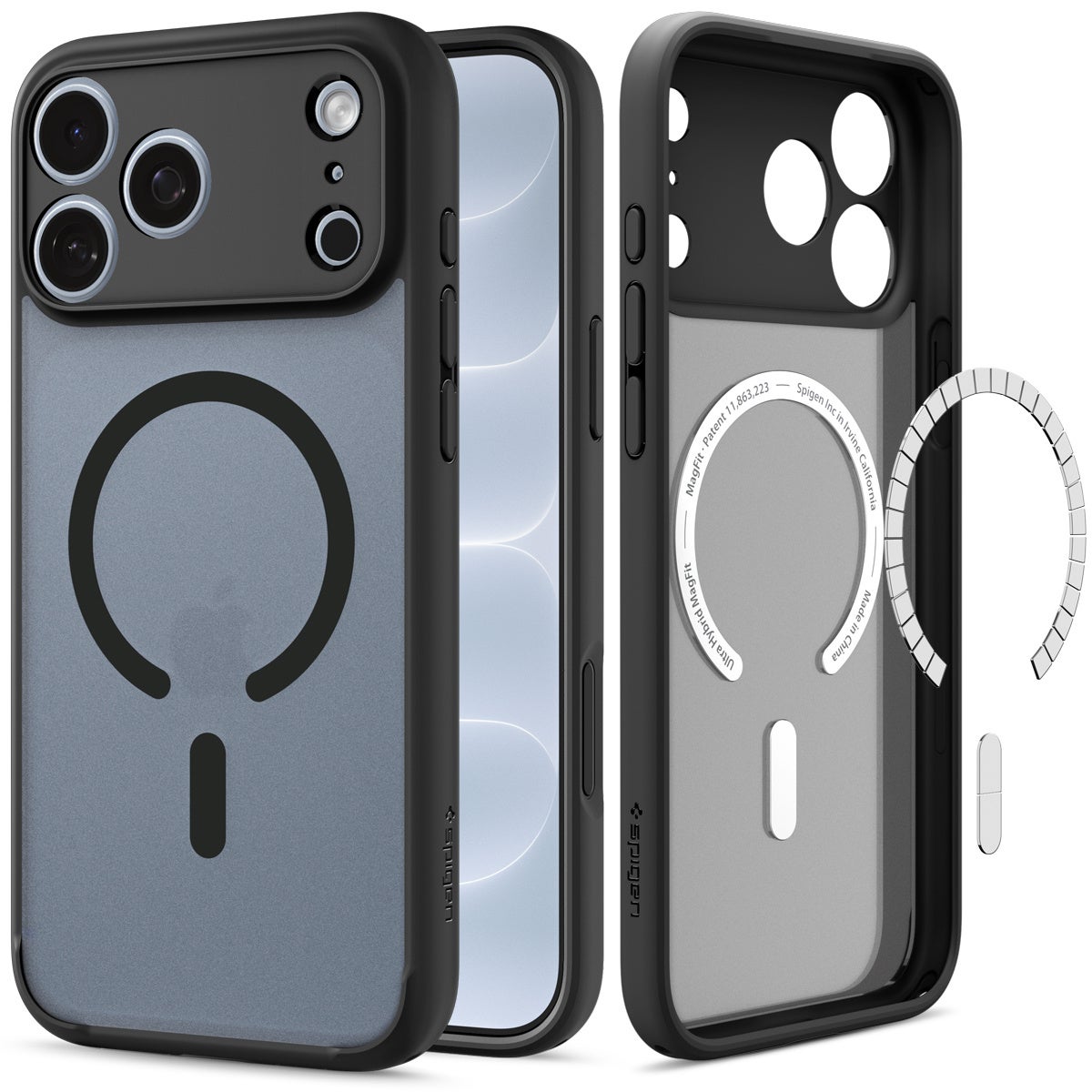 半透明ブラックの背面パネルとマグネットリング構造を備えたスマートフォンケース
