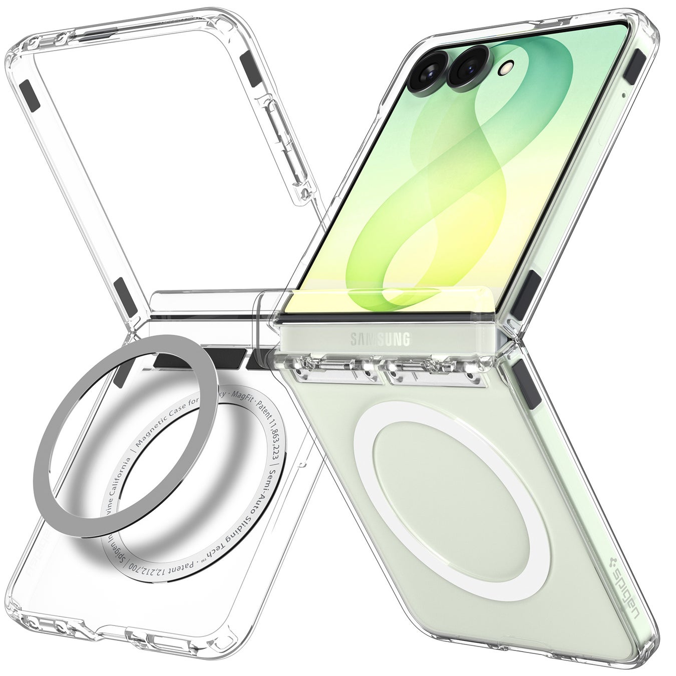 折りたたみスマートフォン向けにヒンジ保護とマグネットリングを備えたクリアケース