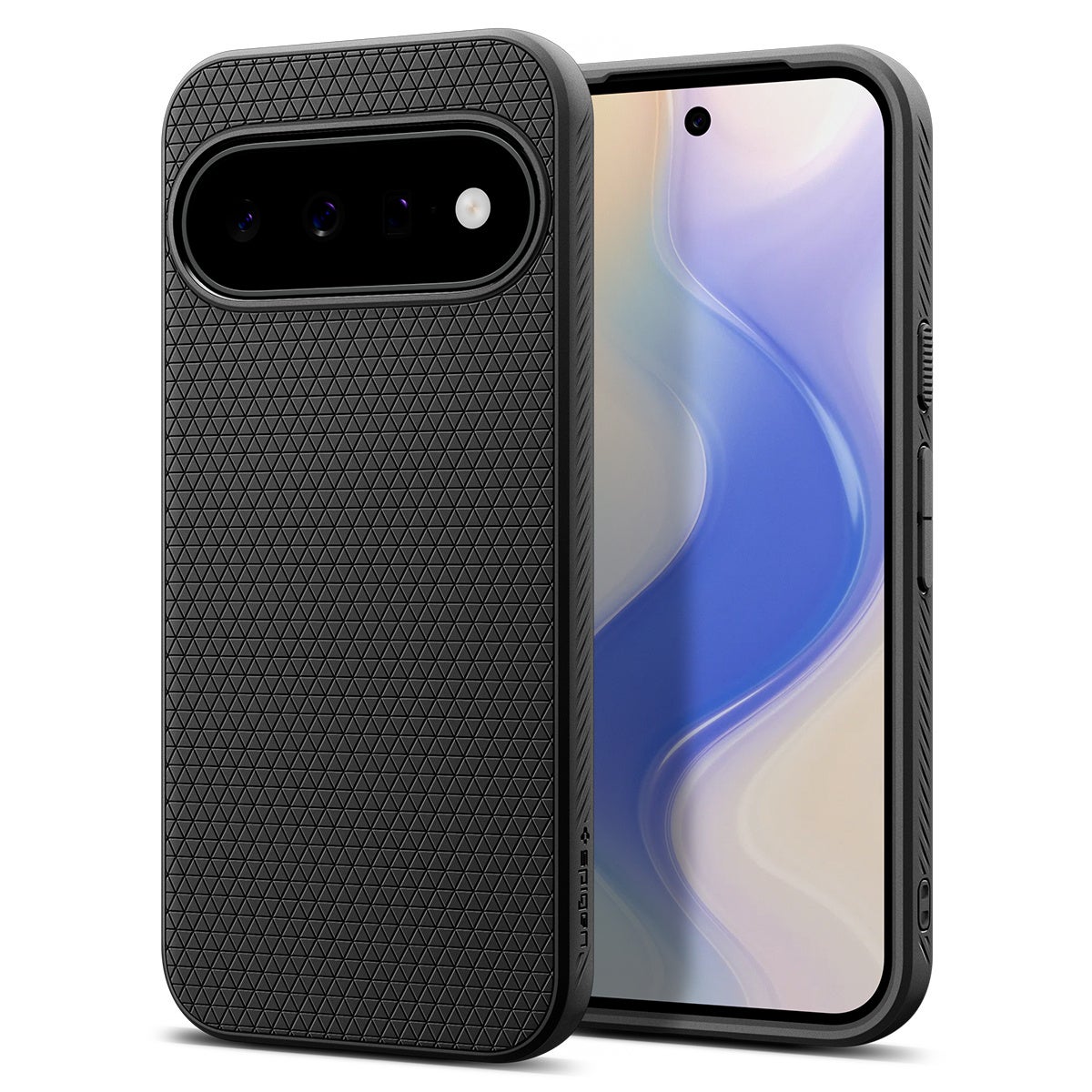 背面に幾何学パターンのエンボス加工が施されたブラックのスマートフォンケース