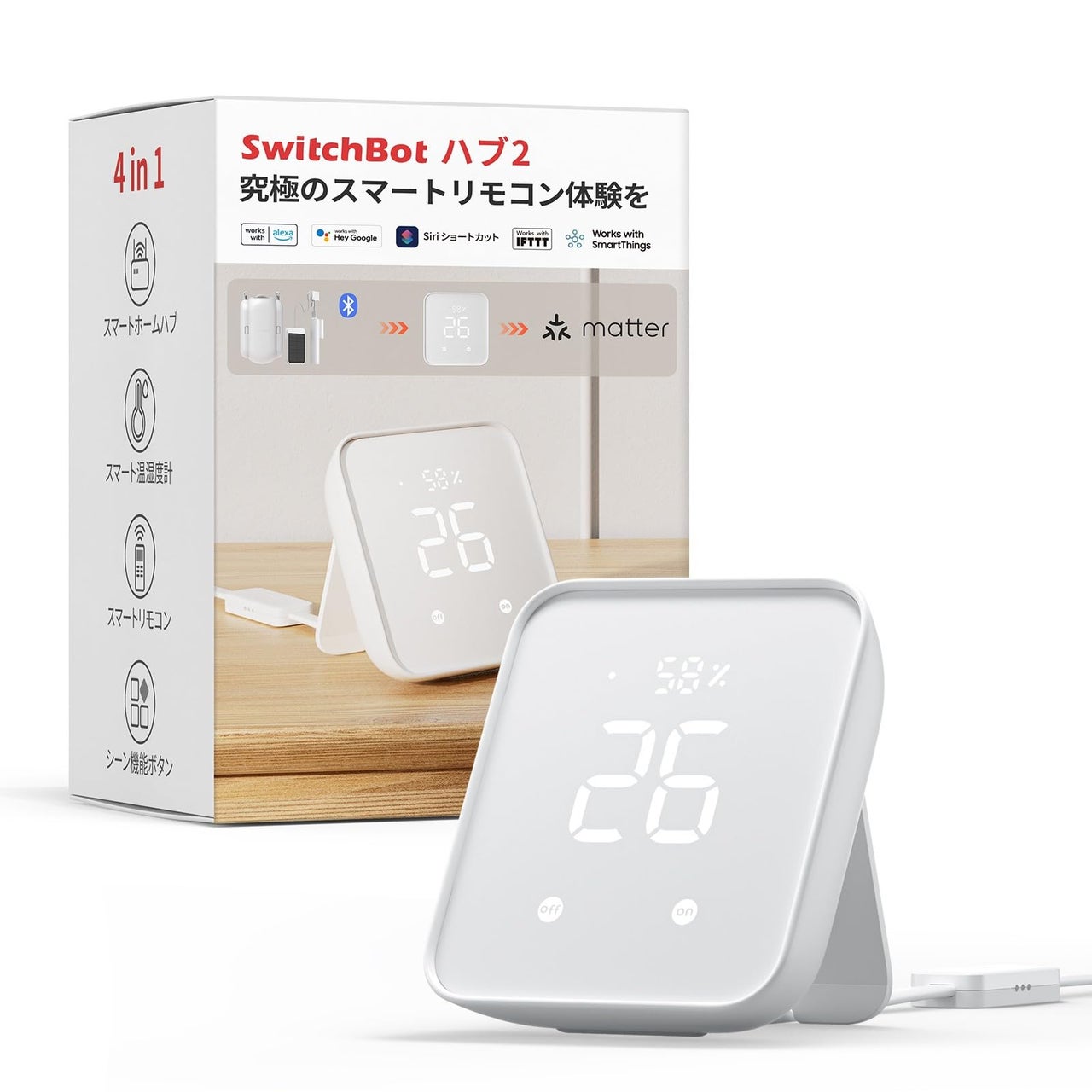 ハブ2のパッケージと温湿度表示付き本体