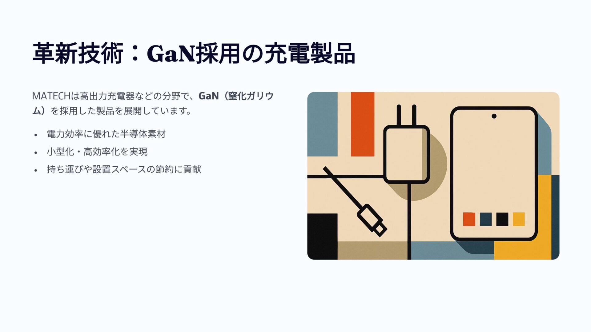 革新技術 窒化ガリウムGaN採用の電力効率と持ち運びやすさに優れた小型高出力充電器がスマートフォンに接続されている