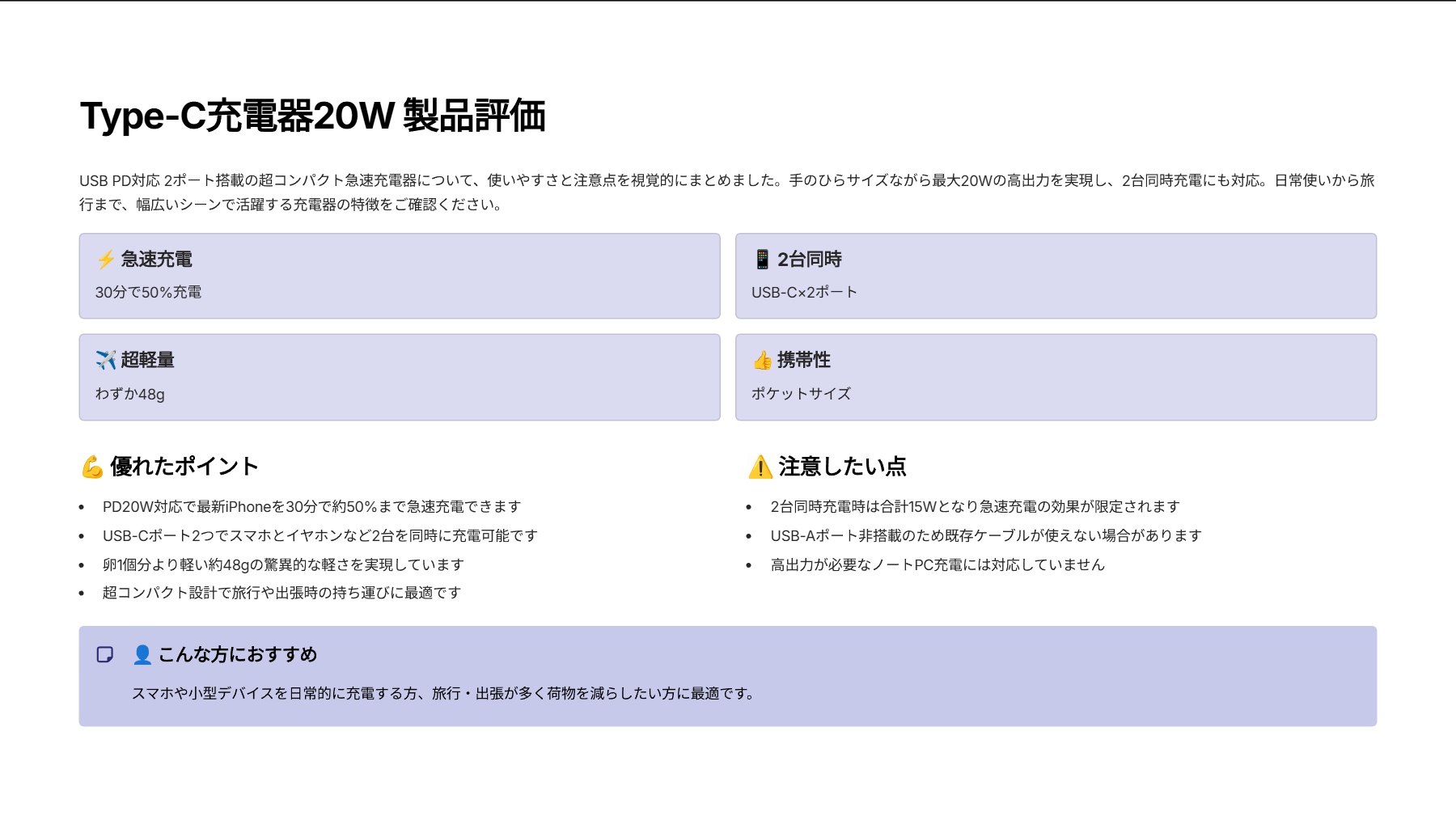 Type-C 充電器 20W USB PD対応 2ポート USB-C ×2ポートを評価！｜手のひらサイズで2台同時充電！iPhoneも爆速チャージ の評価サマリー図