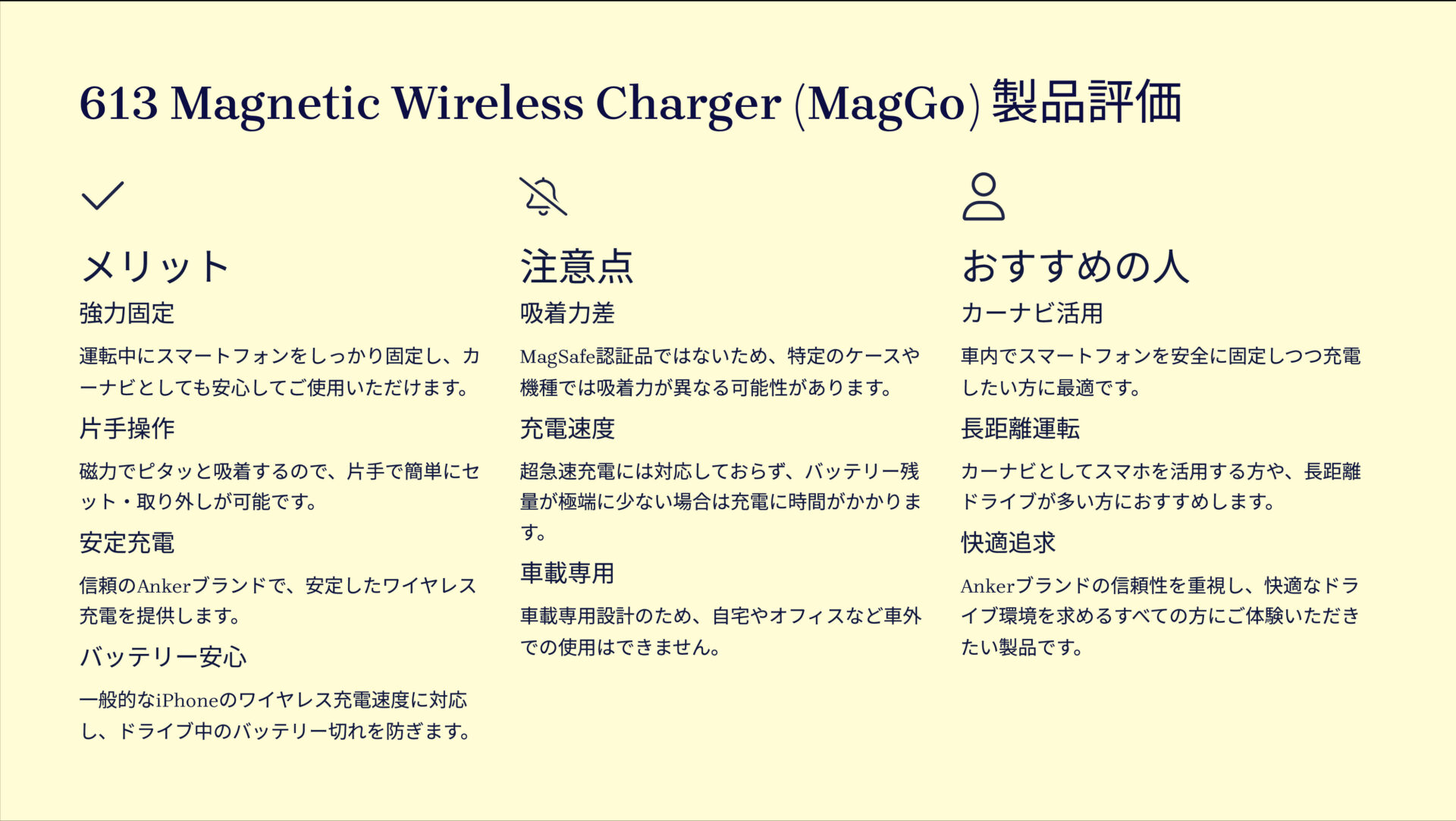 613 Magnetic Wireless Charger (MagGo)を評価!|運転中もスマホをスマートに固定&充電! の評価サマリー図