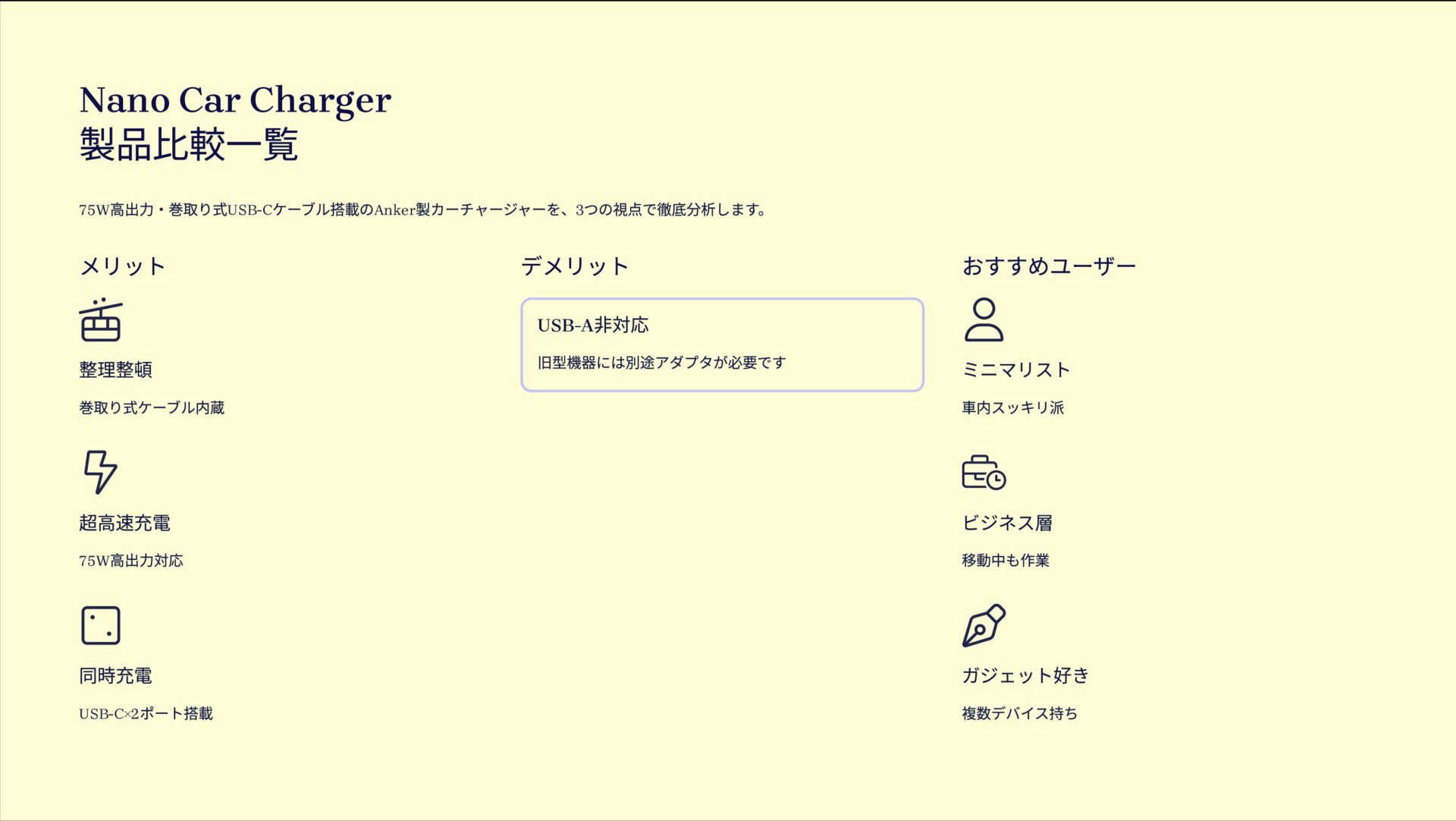 Nano Car Charger (75W, 巻取り式 USB-Cケーブル)を評価!|車内革命!Ankerの巻取り式急速充電。 の評価サマリー図
