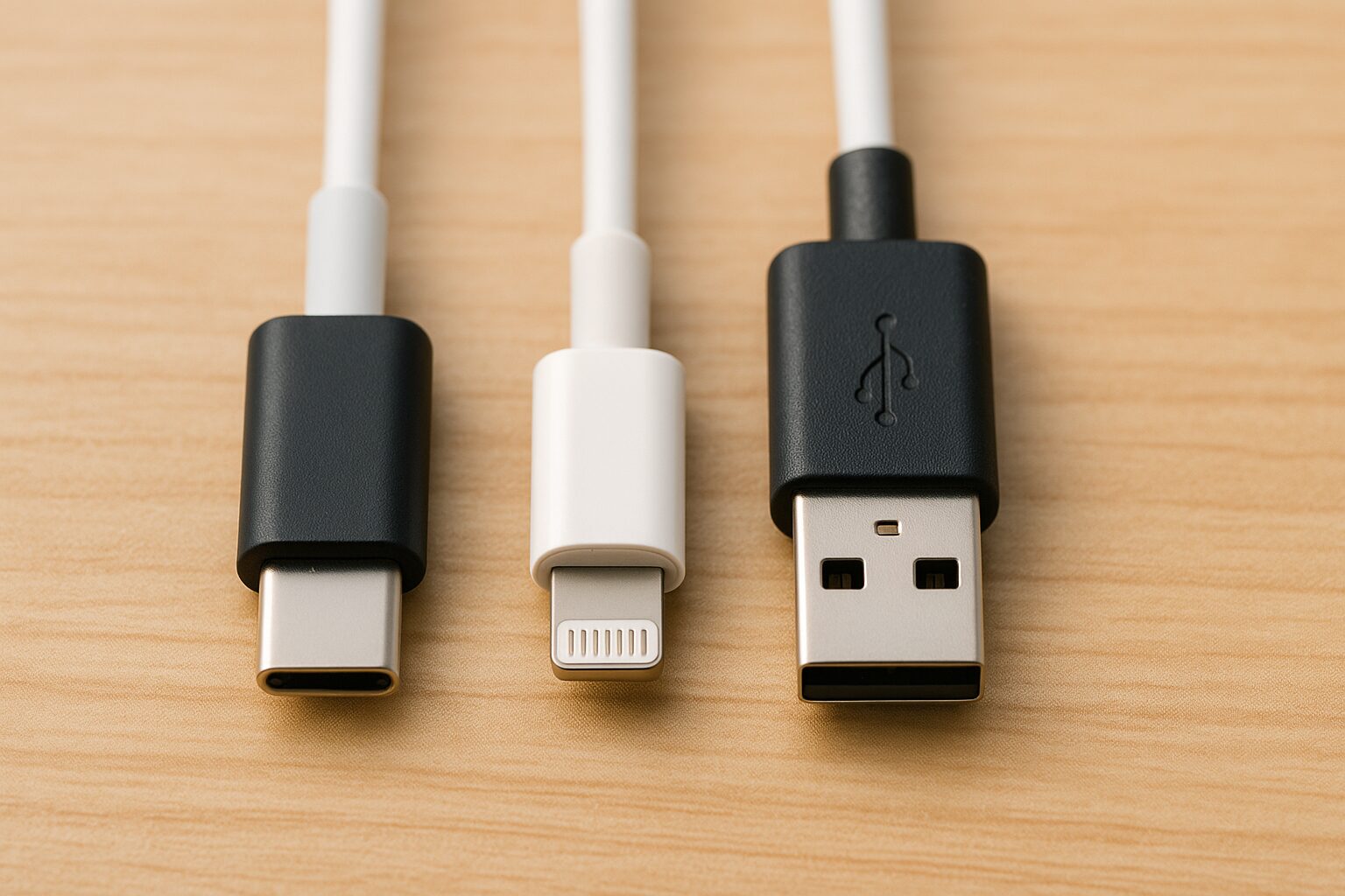 3種類の充電ケーブルの端子 USB Type-C Lightning USB Type-A