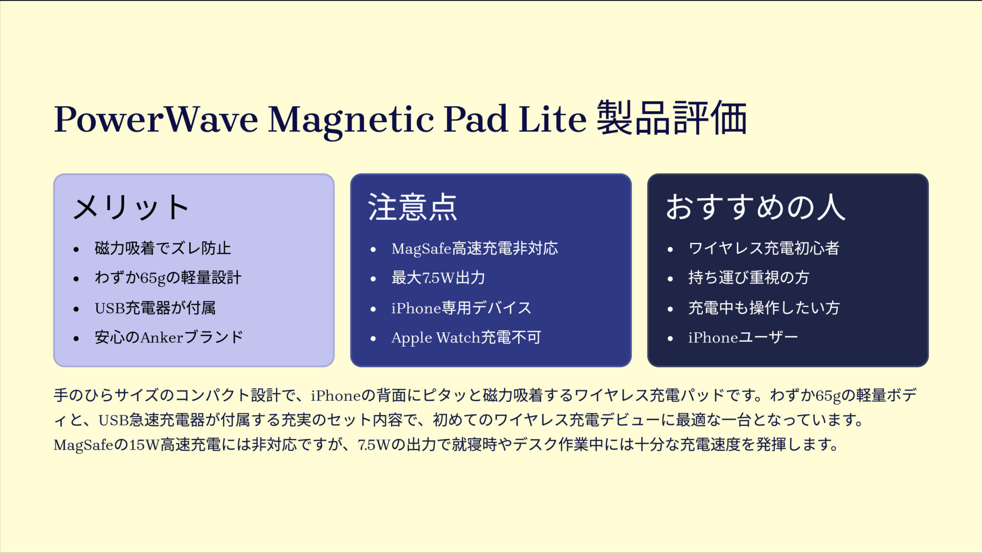 PowerWave Magnetic Pad Lite with USB急速充電器を評価！｜ピタッと吸着！手のひらサイズの快適ワイヤレス充電器。 の評価サマリー図