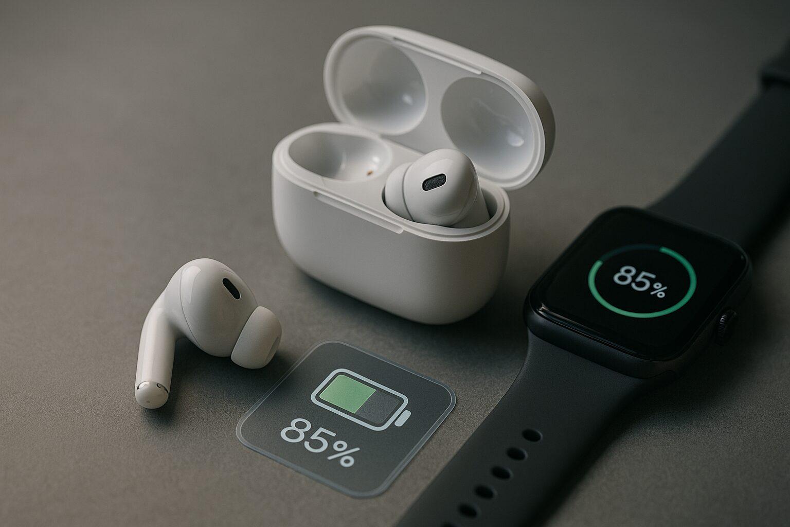 白いワイヤレスイヤホン スマートウォッチ 電池残量85%