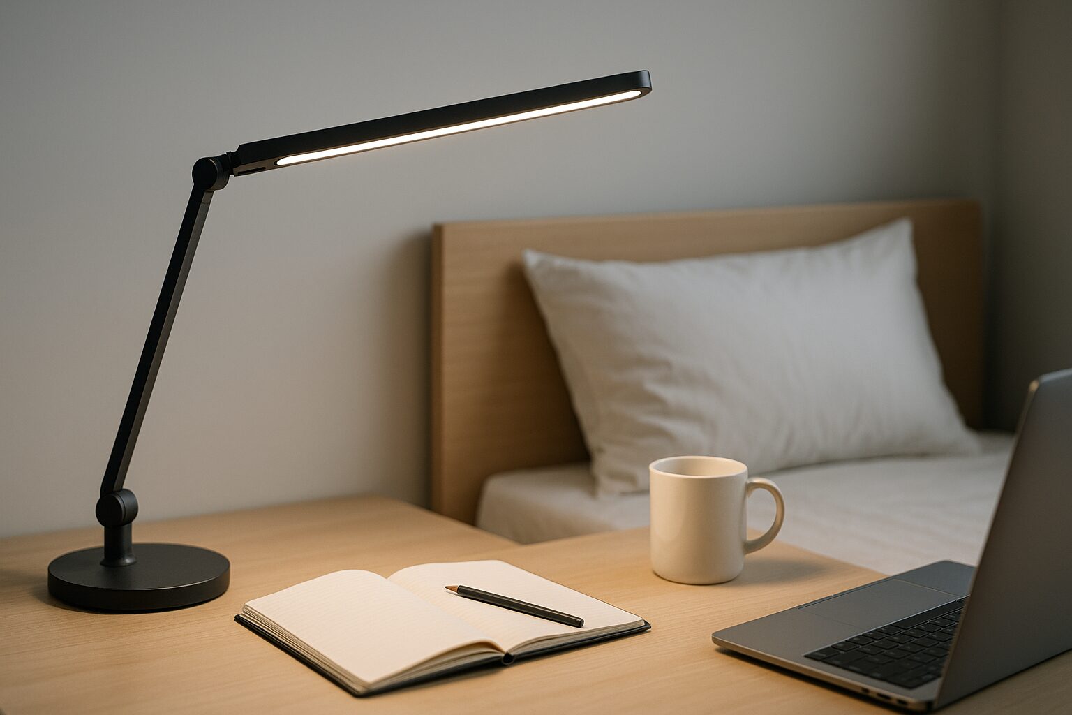 점등된 검은색 데스크 라이트와 노트와 연필과 머그컵과 노트북이 놓인 책상
