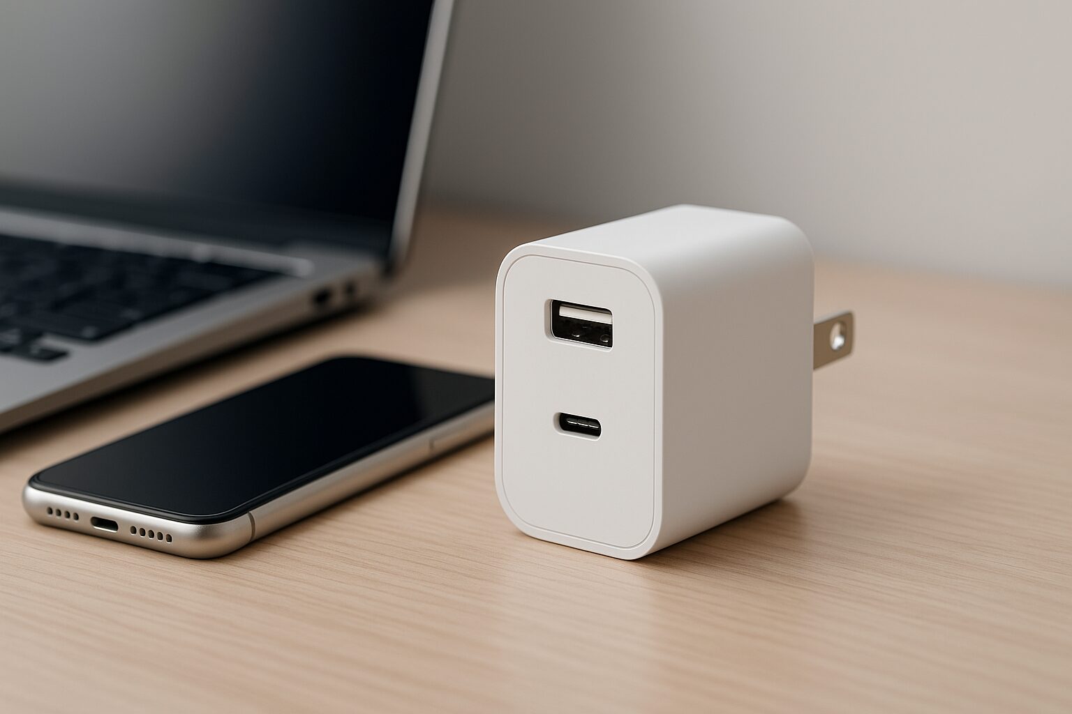 USB AポートとUSB Cポートの白い充電器 スマートフォン ノートパソコン