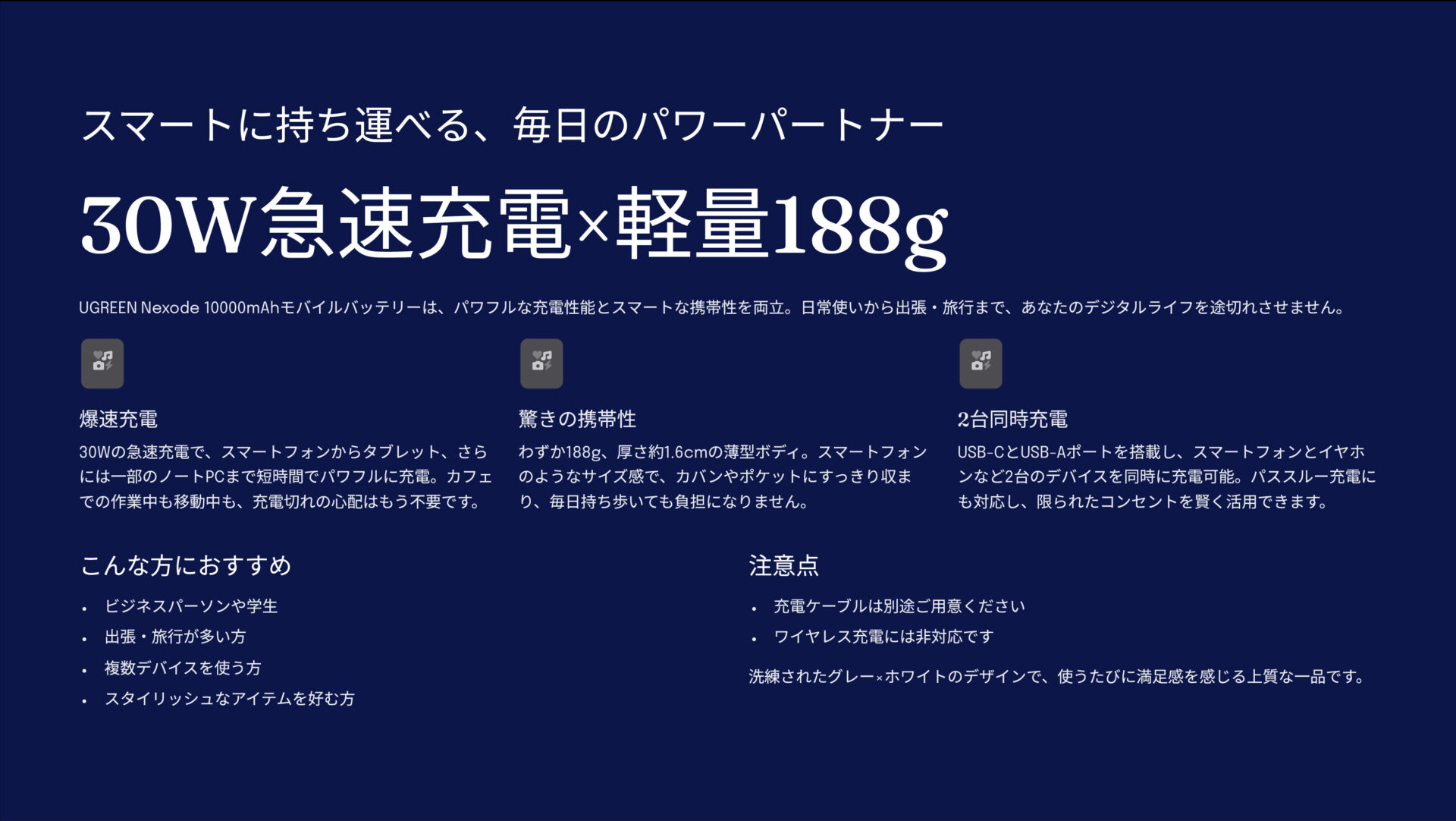 UGREEN Nexode 10000mAh 2way 急速充電モバイルバッテリー 30W グレー/白を評価!|速くて軽い。毎日手放せない相棒。 のまとめスライド