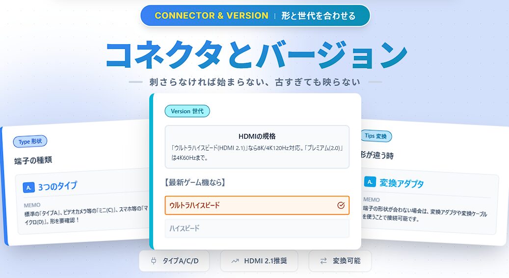 HDMIコネクタの形と世代を合わせる情報。タイプAミニCマイクロDの種類、8K対応ウルトラハイスピードと4K対応プレミアムのHDMI規格、変換アダプタの使用方法を解説