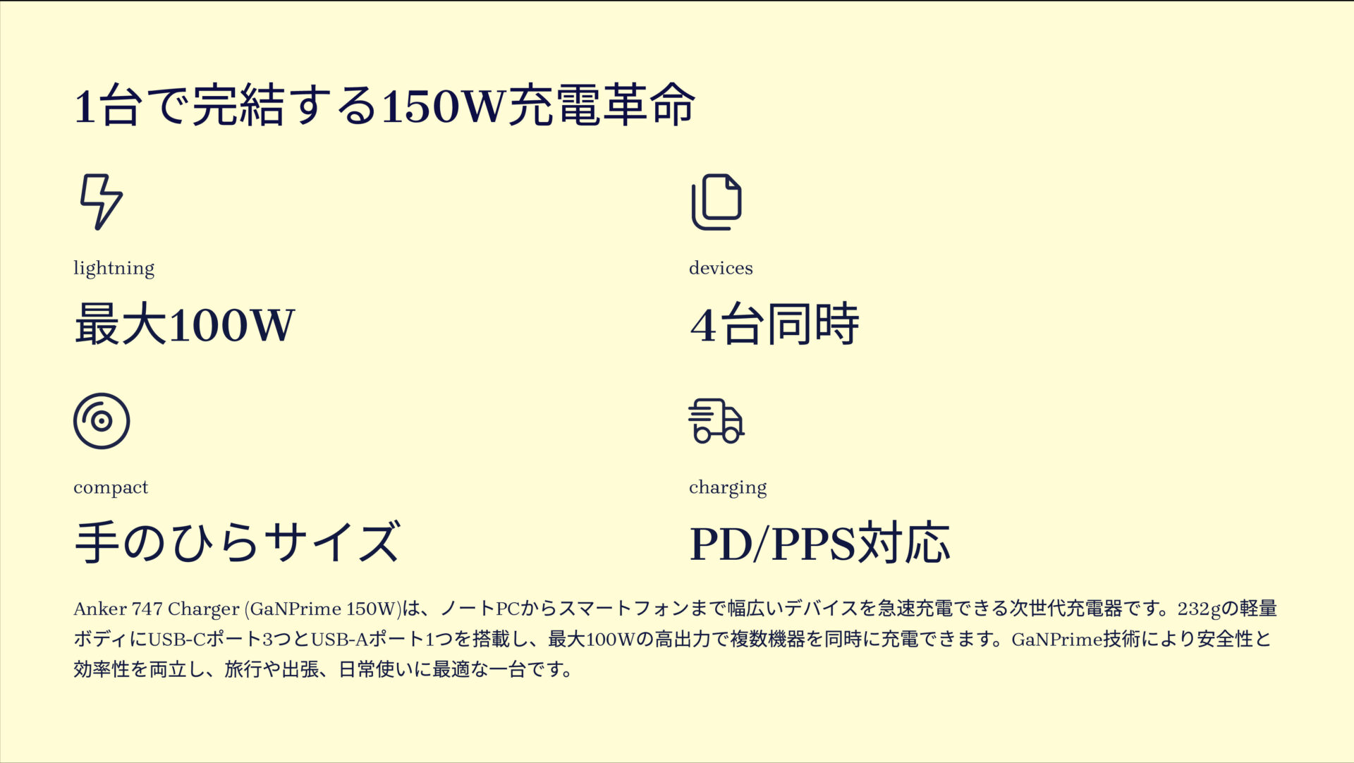 747 Charger (GaNPrime 150W)を評価！｜手のひらサイズでノートPCも爆速！欲張り4ポートのパワフル充電器 のまとめスライド