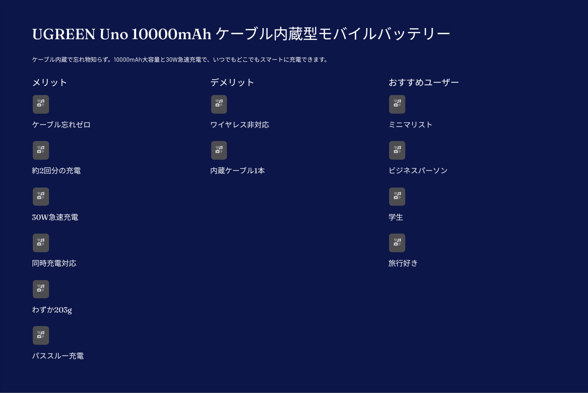 UGREEN Uno 10000mAh ケーブル内蔵型モバイルバッテリーを評価！｜ケーブル不要、究極のミニマル充電。 の評価サマリー図