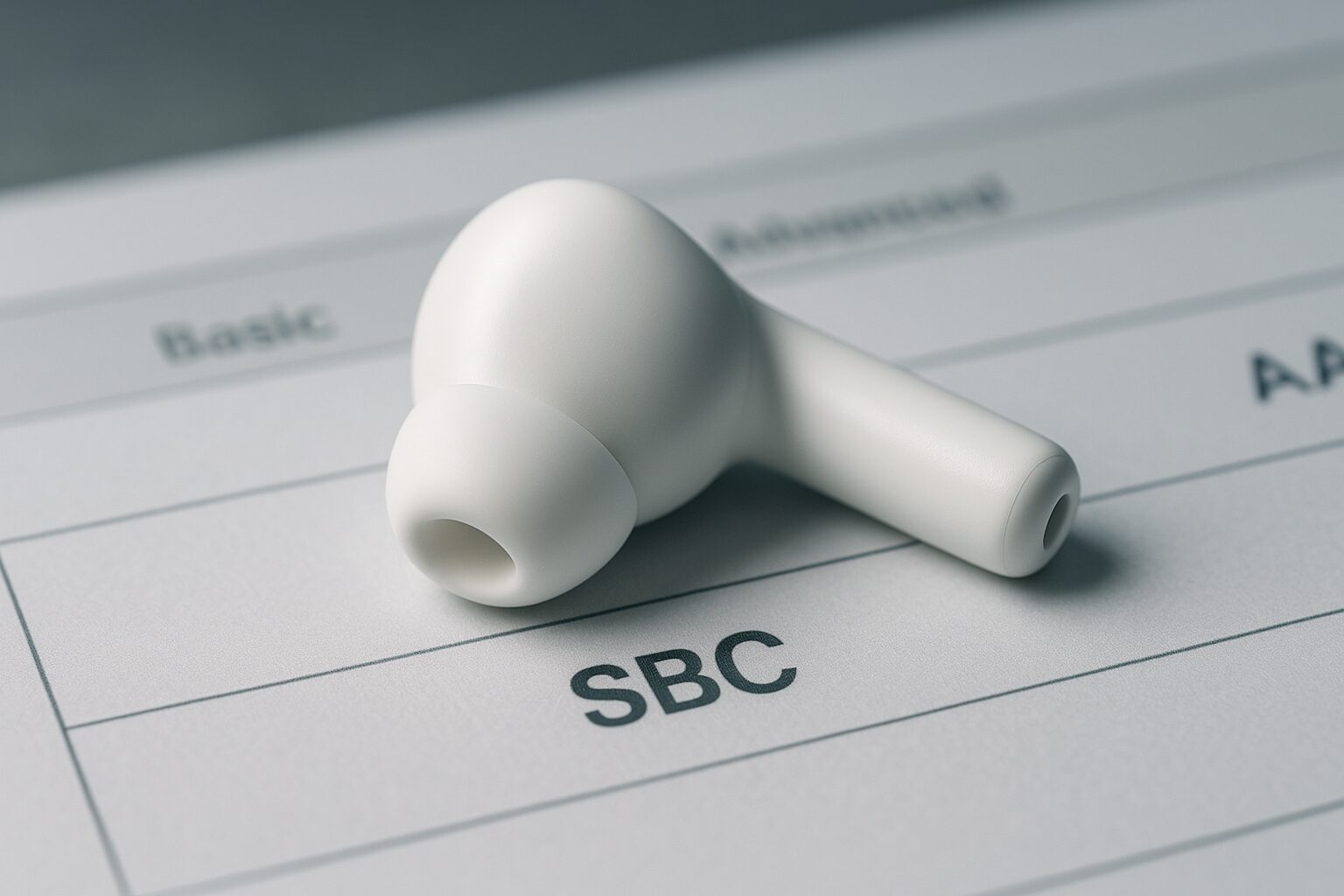 白いイヤホンとSBCという文字