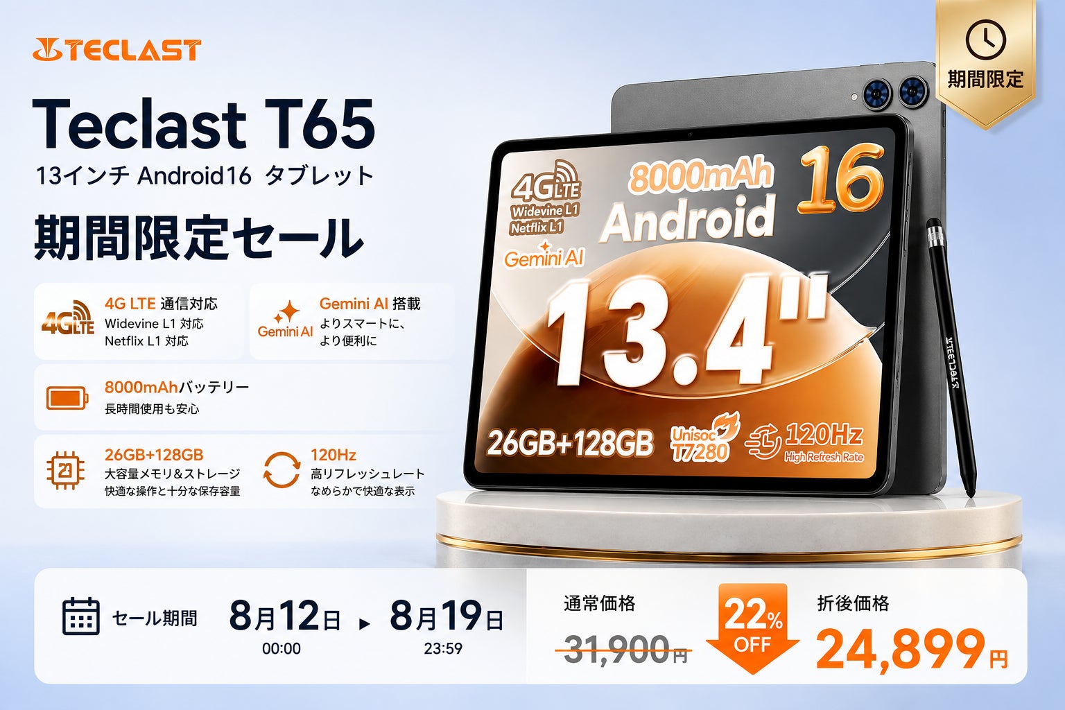 Teclast、13インチ・Android 16搭載タブレット「Teclast T65」の期間限定セールを開催