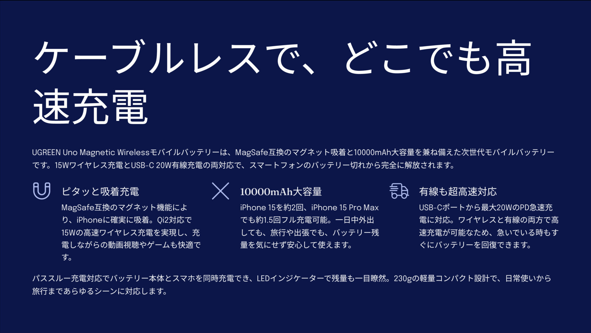 UGREEN Uno Magnetic Wireless モバイルバッテリー 10000mAh 15Wを評価!|ピタッと吸着、急速充電。自由を手にする次世代バッテリー。 のまとめスライド