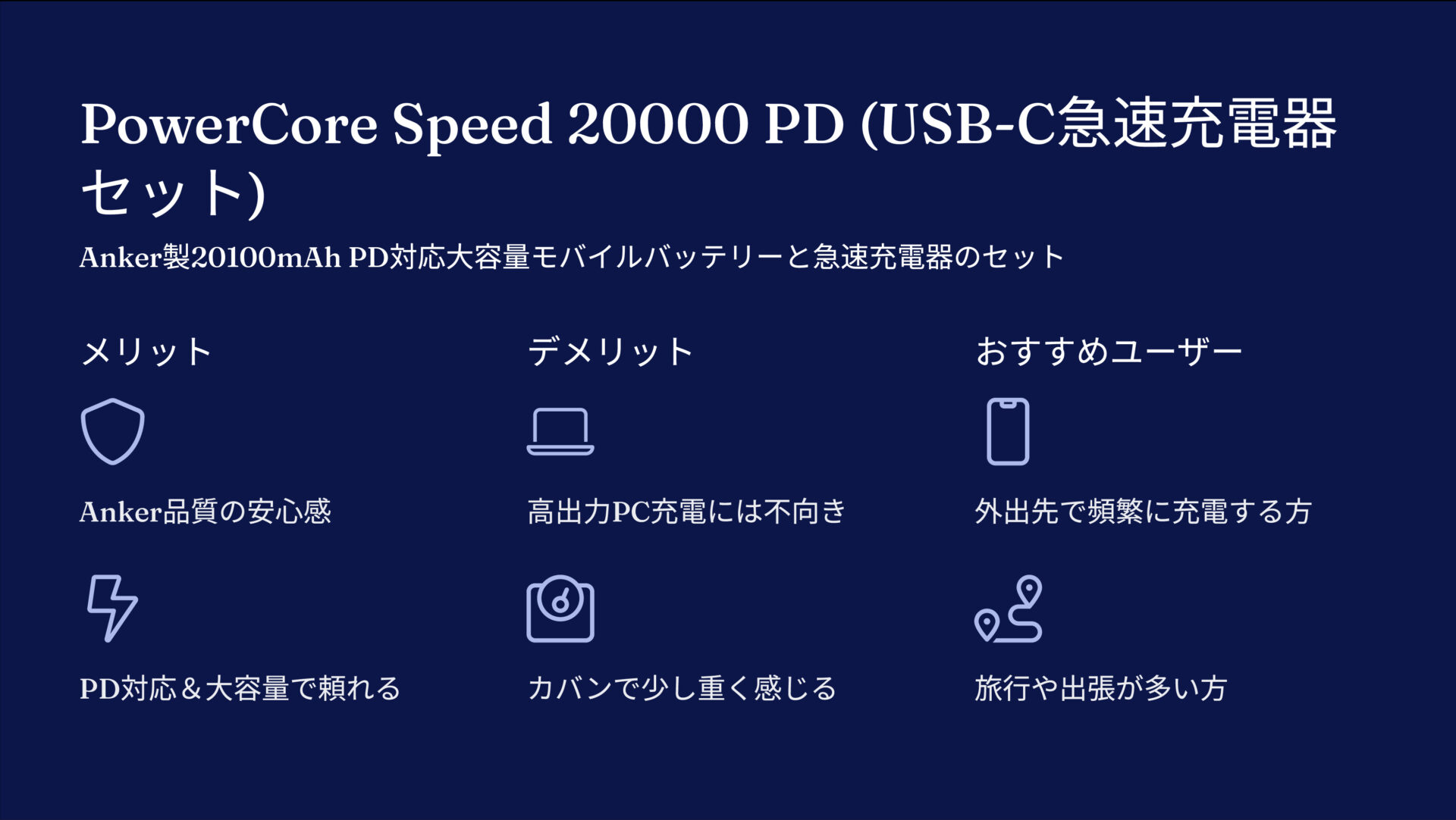 PowerCore Speed 20000 PD (USB-C急速充電器セット)を評価!|Ankerの大容量PDで安心を。 の評価サマリー図