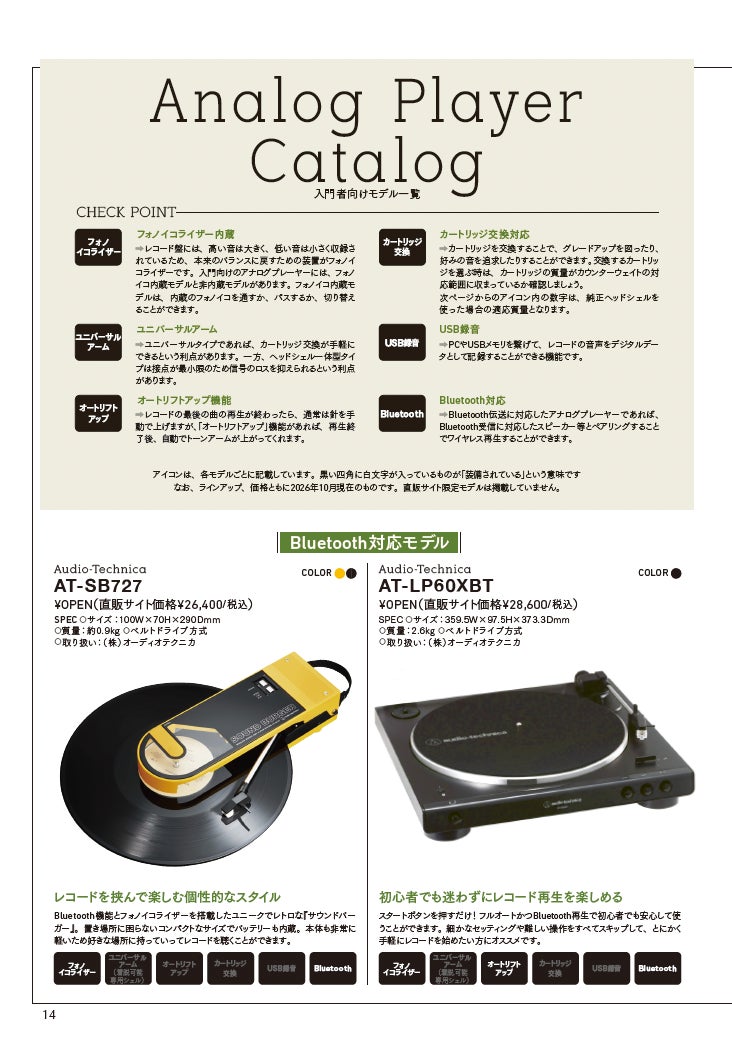 レコードプレーヤーの選び方のチェックポイントと製品カタログをアイコンや写真とともにレイアウトした紙面の案内図。
