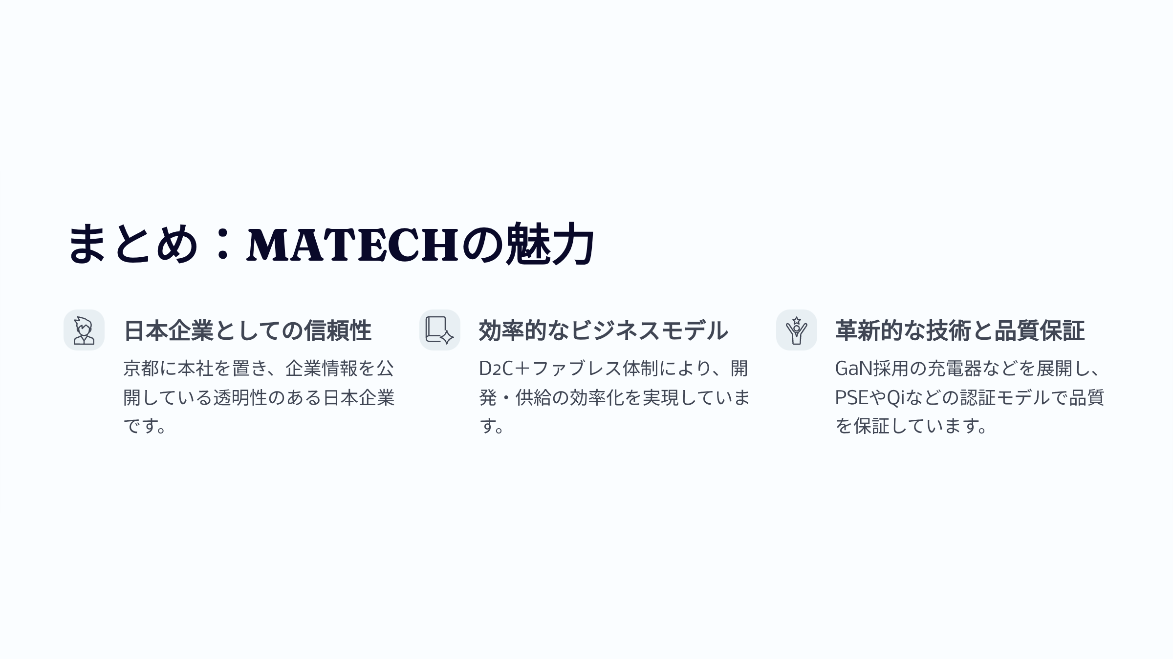 MATECHの強み 日本企業としての信頼性 効率的なビジネスモデル 革新的なGaN技術と品質保証