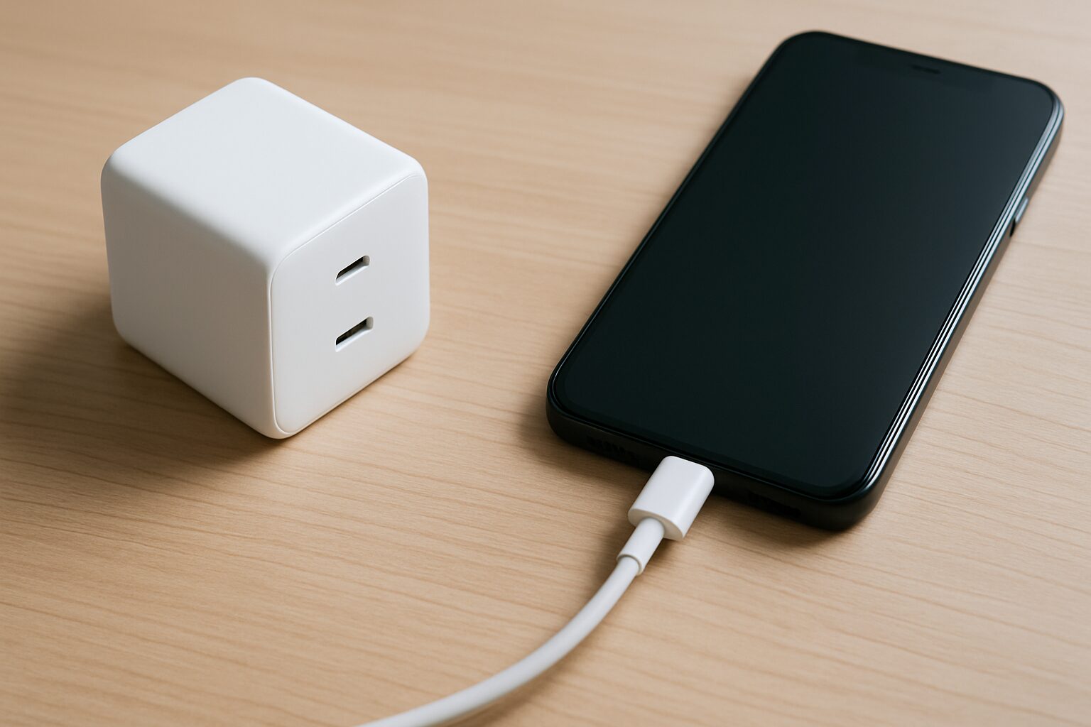 白い充電器と充電中のスマートフォン