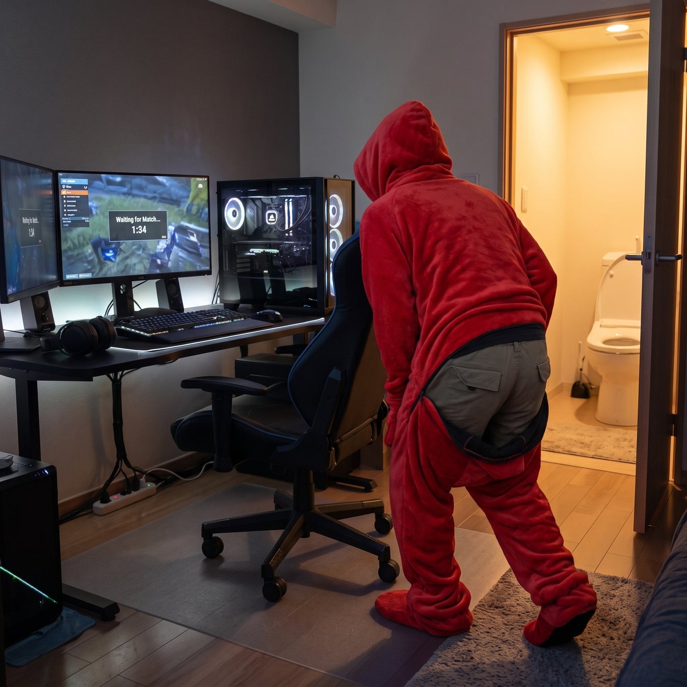 赤いダメ着を着用し背部を開けた状態でPC前からトイレに向かう人物の写真