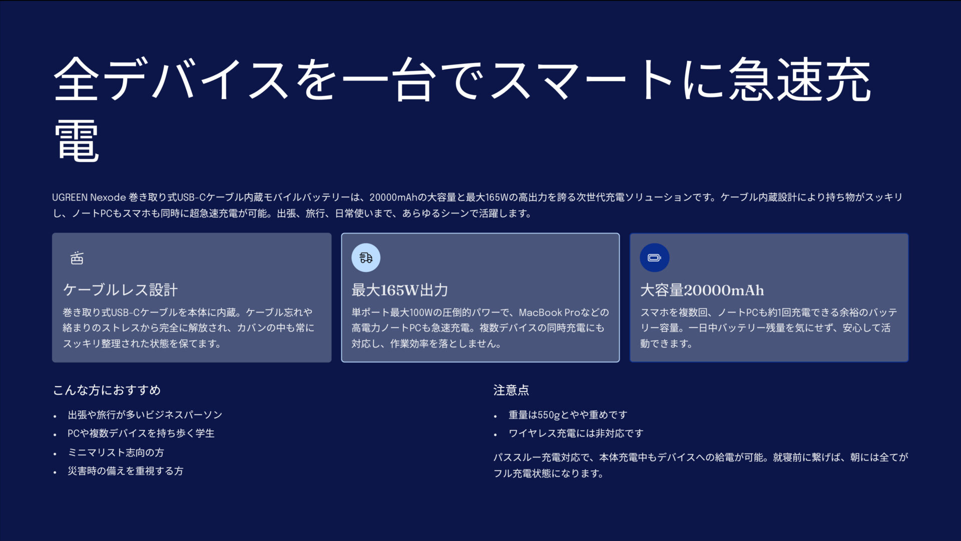 UGREEN Nexode 巻き取り式 USB-Cケーブル内蔵 モバイルバッテリー20000mAh 165Wを評価!|ケーブル内蔵、最強の電力。 のまとめスライド