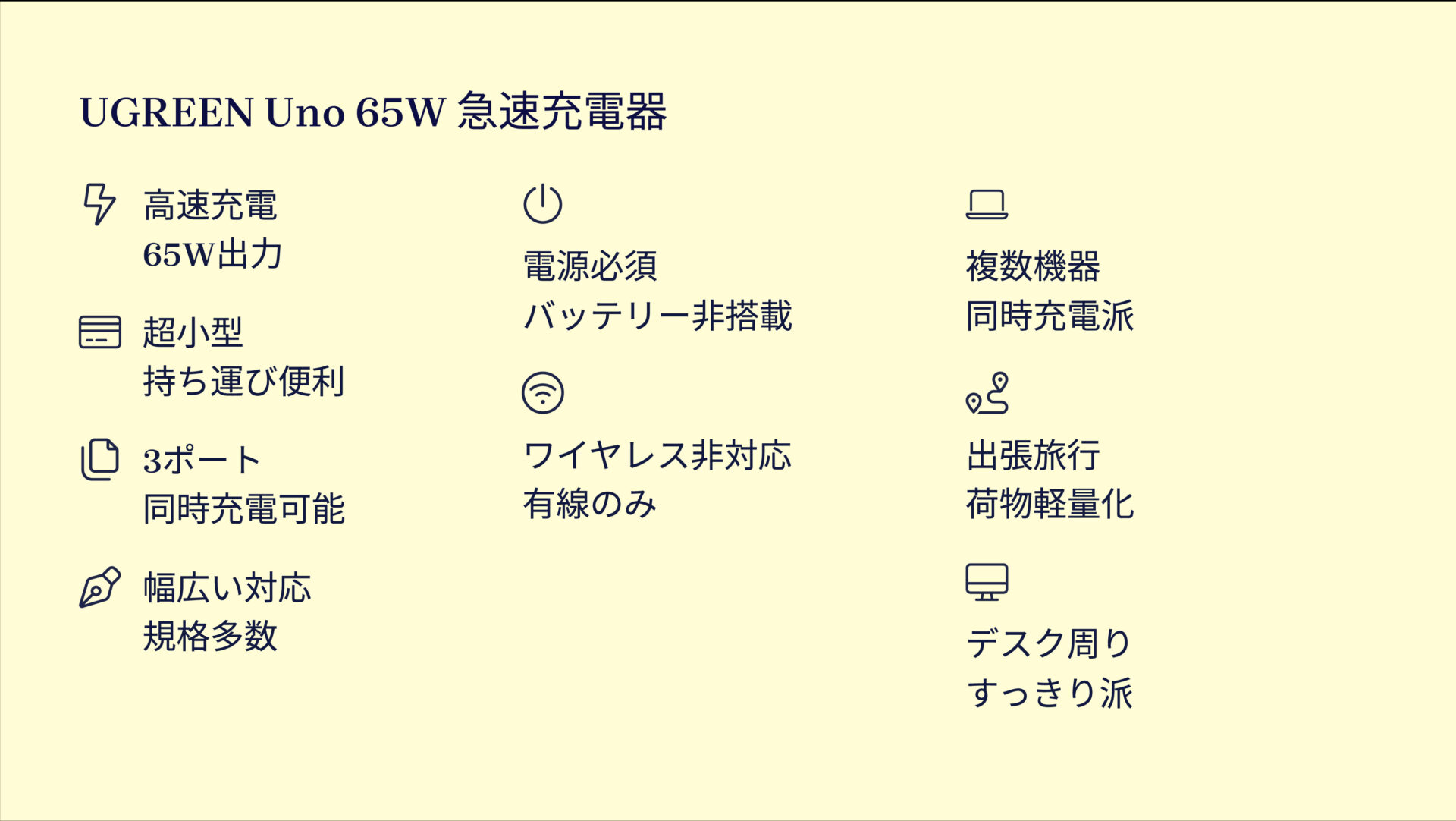 UGREEN Uno 急速充電器 65Wを評価！｜ポケットに収まる65W！3台同時充電の頼れる相棒 の評価サマリー図