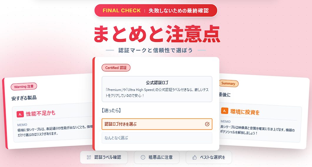 失敗しない製品選びの最終確認 安価な製品の性能不足注意と認証ロゴ付き製品推奨の画面