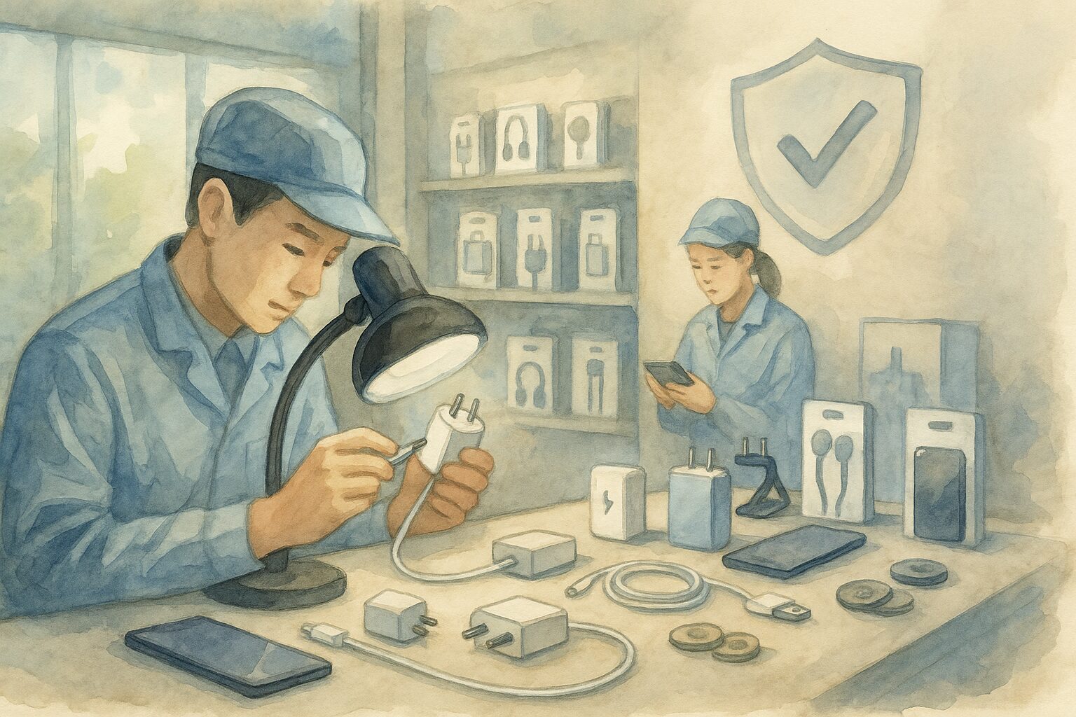作業服の男性が机で充電器を点検し奥の女性はスマートフォンを見ている