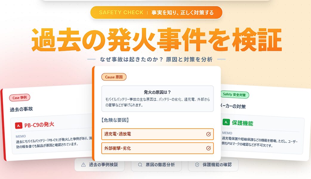 モバイルバッテリーの発火事例原因となる過充電や外部衝撃と安全対策を説明する画面
