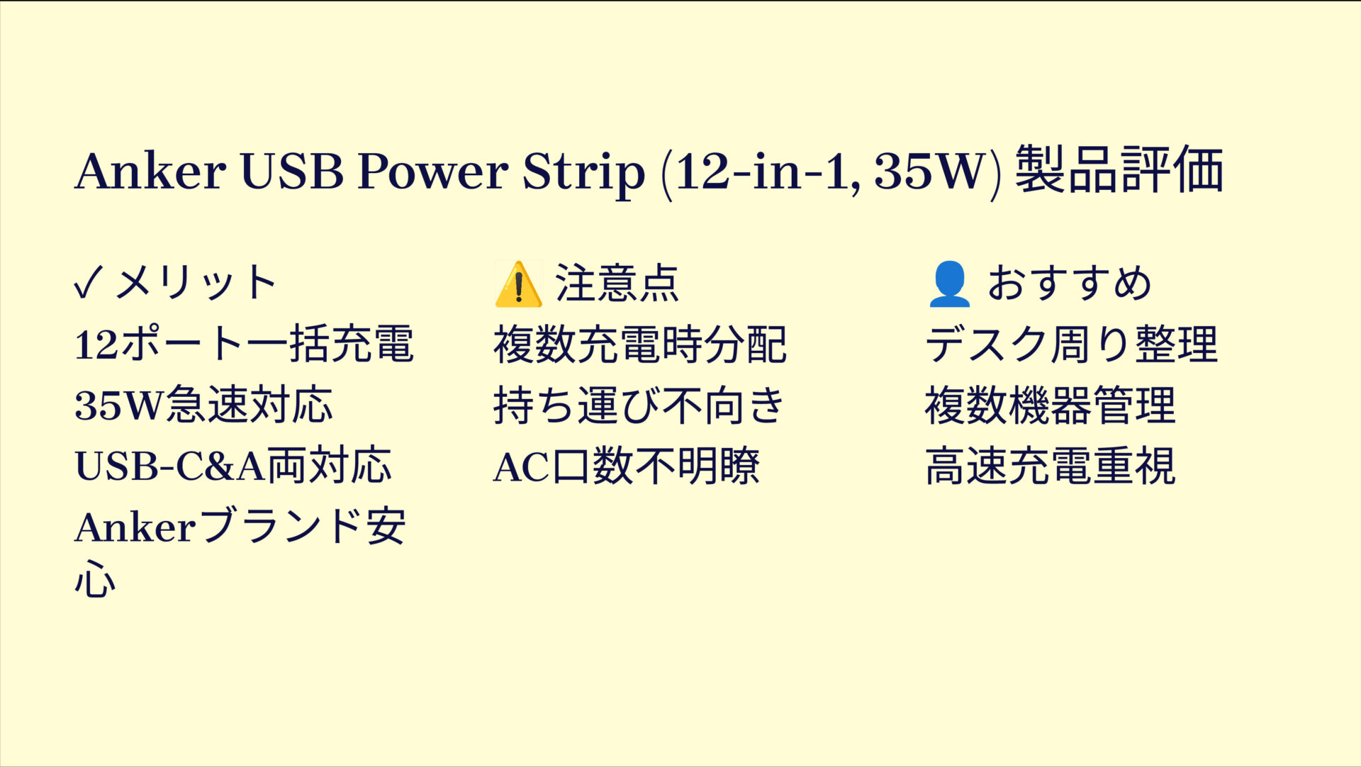 Anker USB Power Strip (12-in-1, 35W)を評価!|デスクが劇的に変わる12-in-1充電ステーション の評価サマリー図