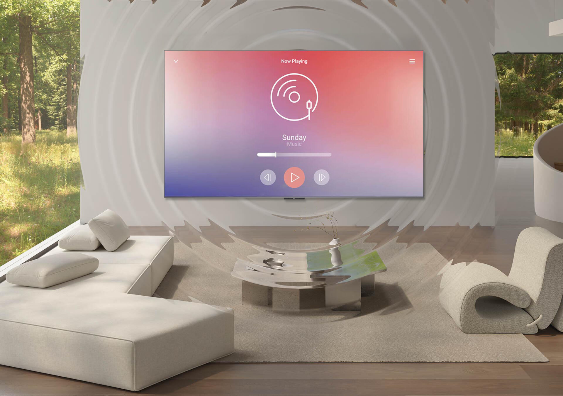 リビングのテレビから流れる音楽の音が部屋に広がる様子