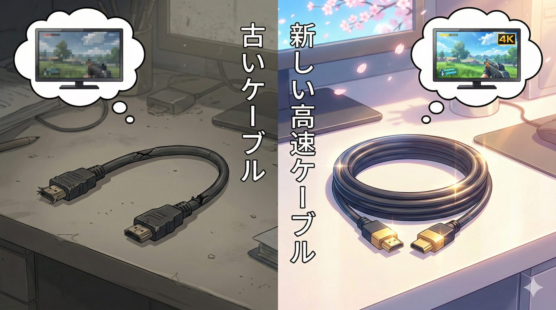 古いケーブルと新しい高画質ケーブルの比較画像