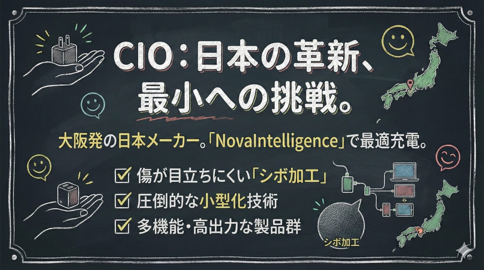 CIOが手がける日本の革新最小への挑戦をテーマにした手のひらサイズの多機能充電器 傷が目立ちにくいシボ加工でパソコンやスマホを最適充電