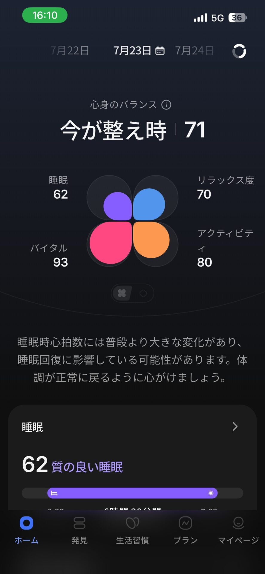 RingConn アプリの睡眠スコア詳細 睡眠段階の時間配分と前日比較