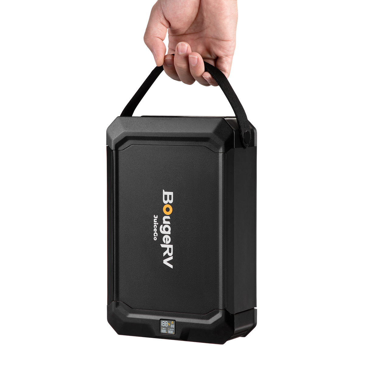 BougeRV JuiceGoの黒いポータブル電源を手に持つ