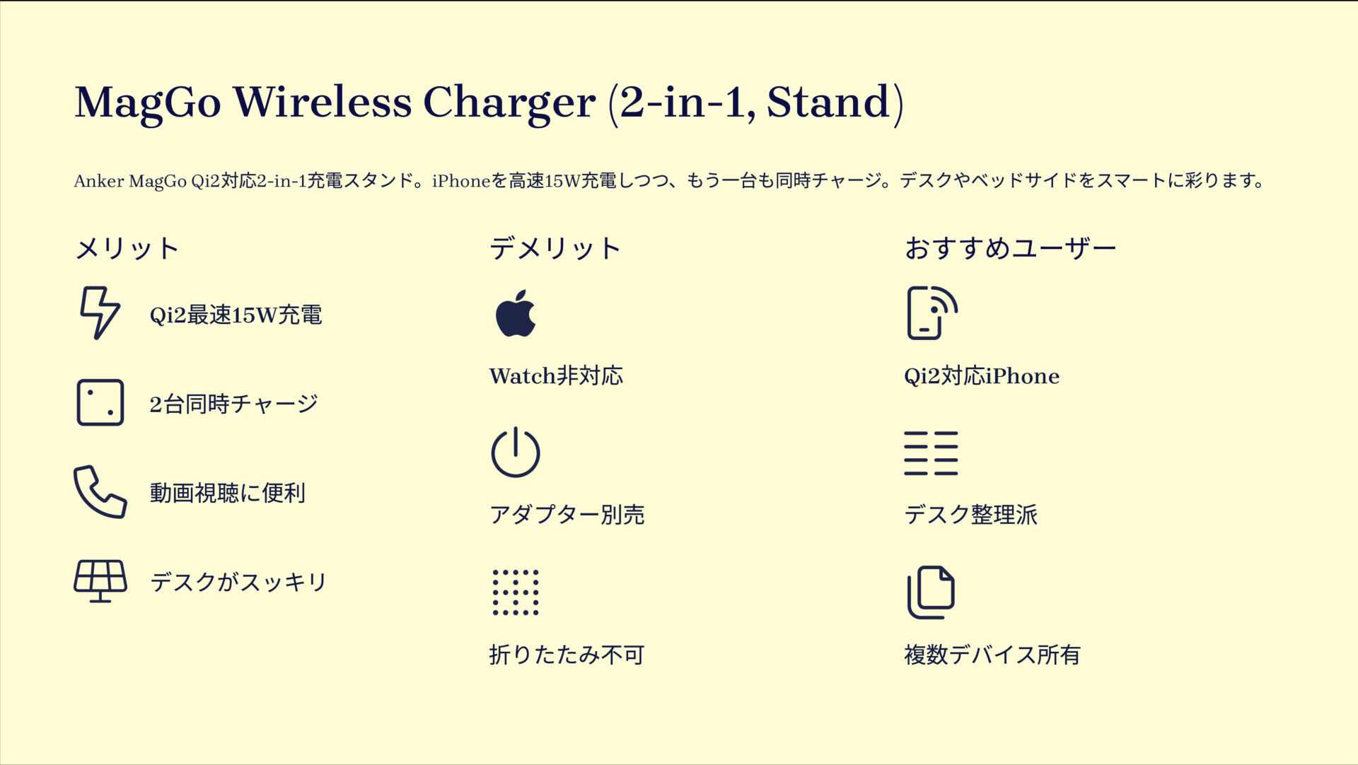 MagGo Wireless Charger (2-in-1, Stand)を評価!|置くだけで、デスクが進化。 の評価サマリー図