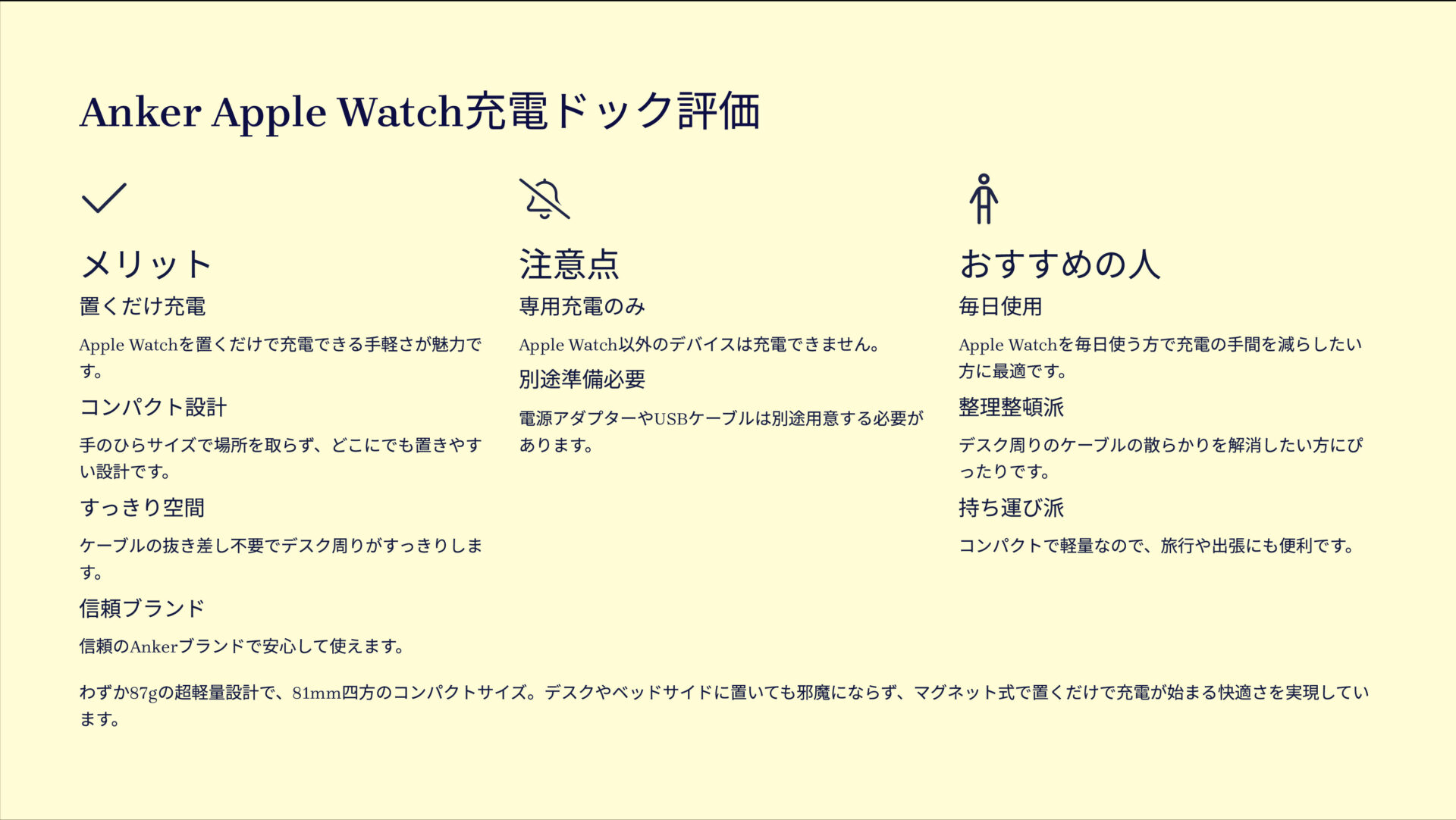 Magnetic Charging Dock for Apple Watchを評価!|あなたのApple Watchに、専用の快適な休息場所を。 の評価サマリー図