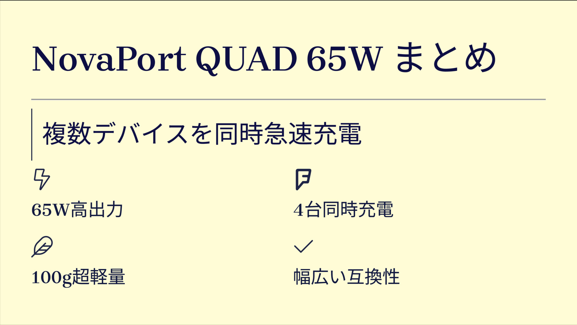 NovaPort QUAD 65Wを評価！｜PCもスマホもこれ1台！手のひらサイズのパワフル充電器 のまとめスライド