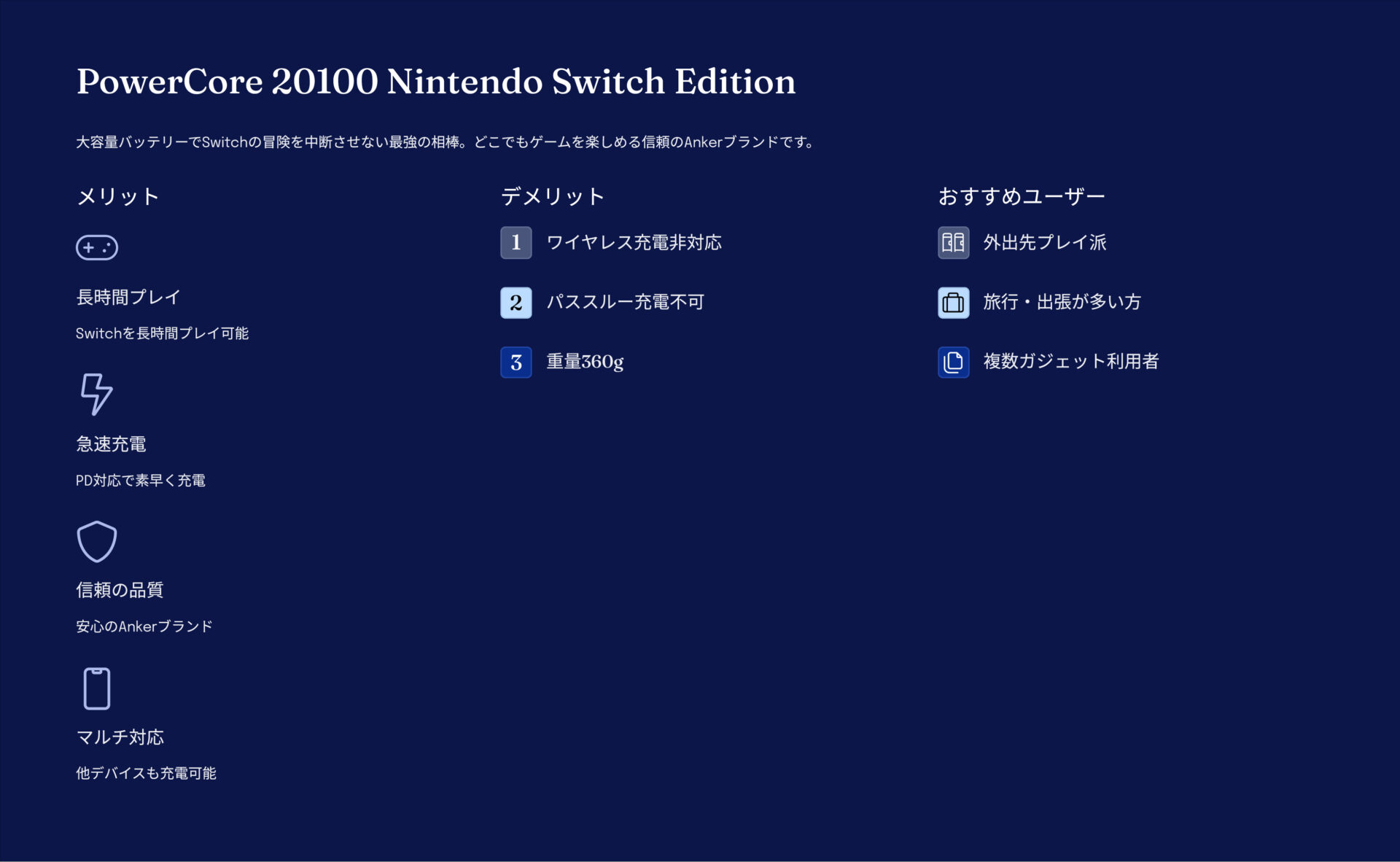 PowerCore 20100 Nintendo Switch Editionを評価！｜Switchの冒険、終わらせない！ の評価サマリー図