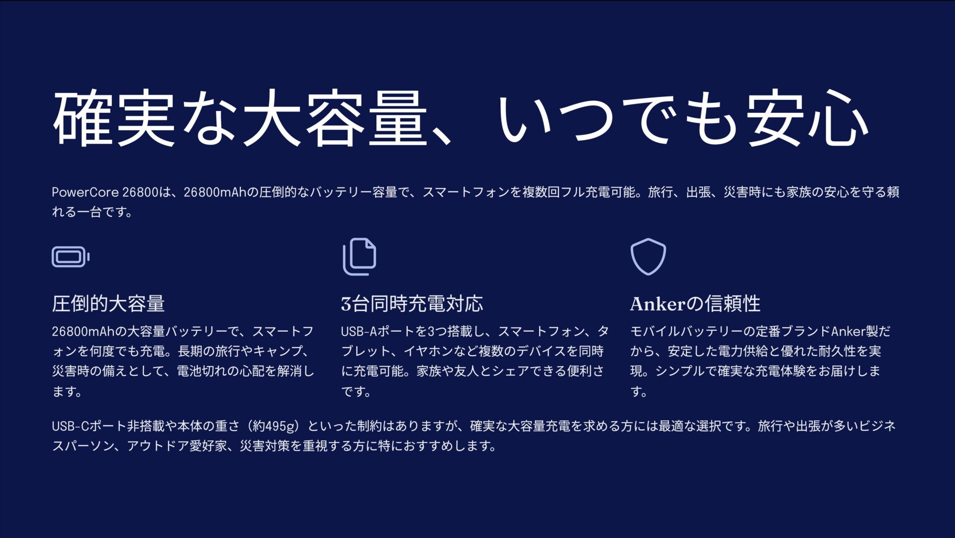 PowerCore 26800を評価!|もう充電切れに悩まない。 のまとめスライド