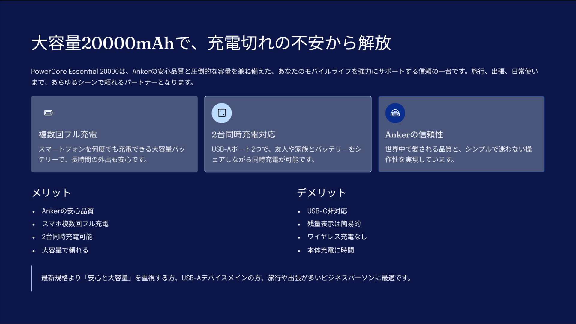 PowerCore Essential 20000を評価！｜旅も日常も安心！大容量Anker。 のまとめスライド