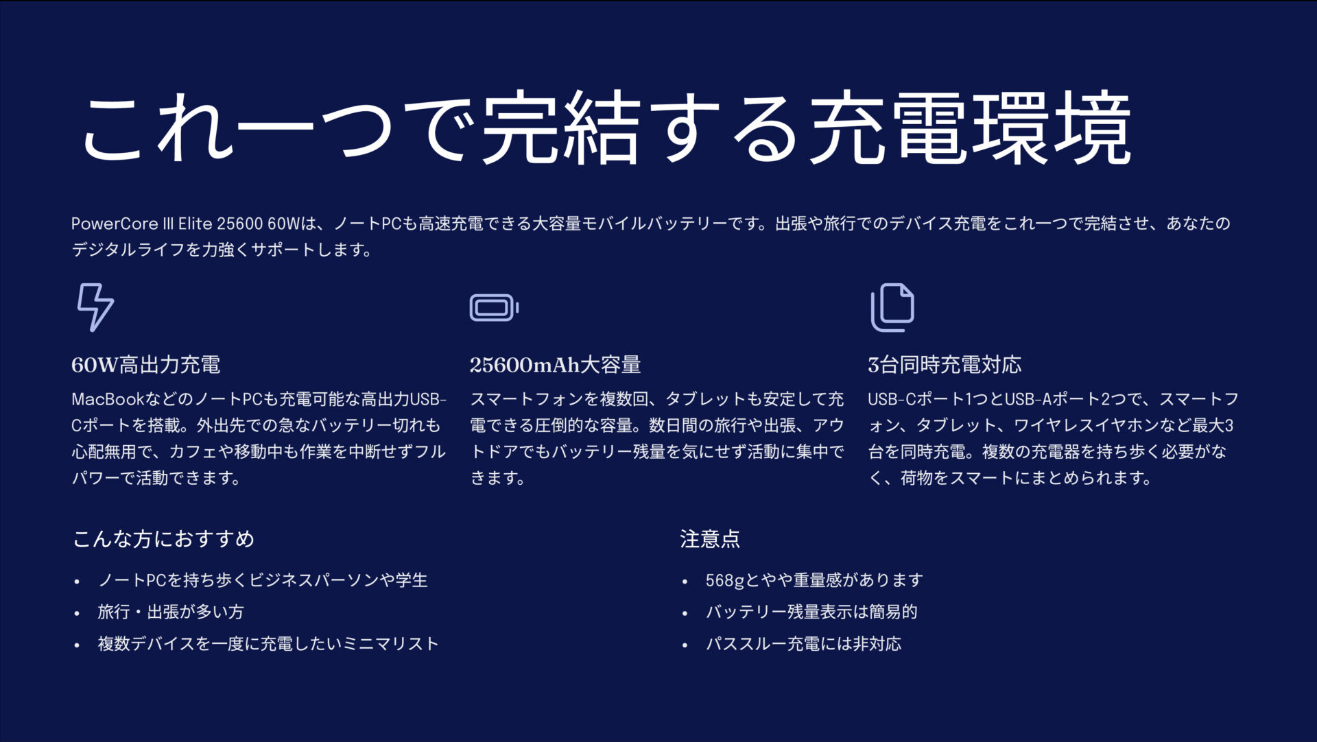 PowerCore III Elite 25600 60Wを評価！｜あなたのモバイル環境、これ一つで完結。 のまとめスライド