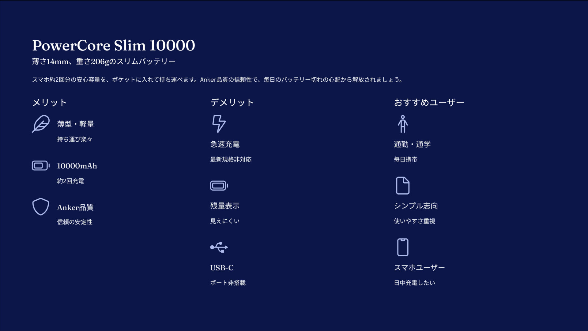 PowerCore Slim 10000を評価！｜ポケットに、確かな安心を。 の評価サマリー図