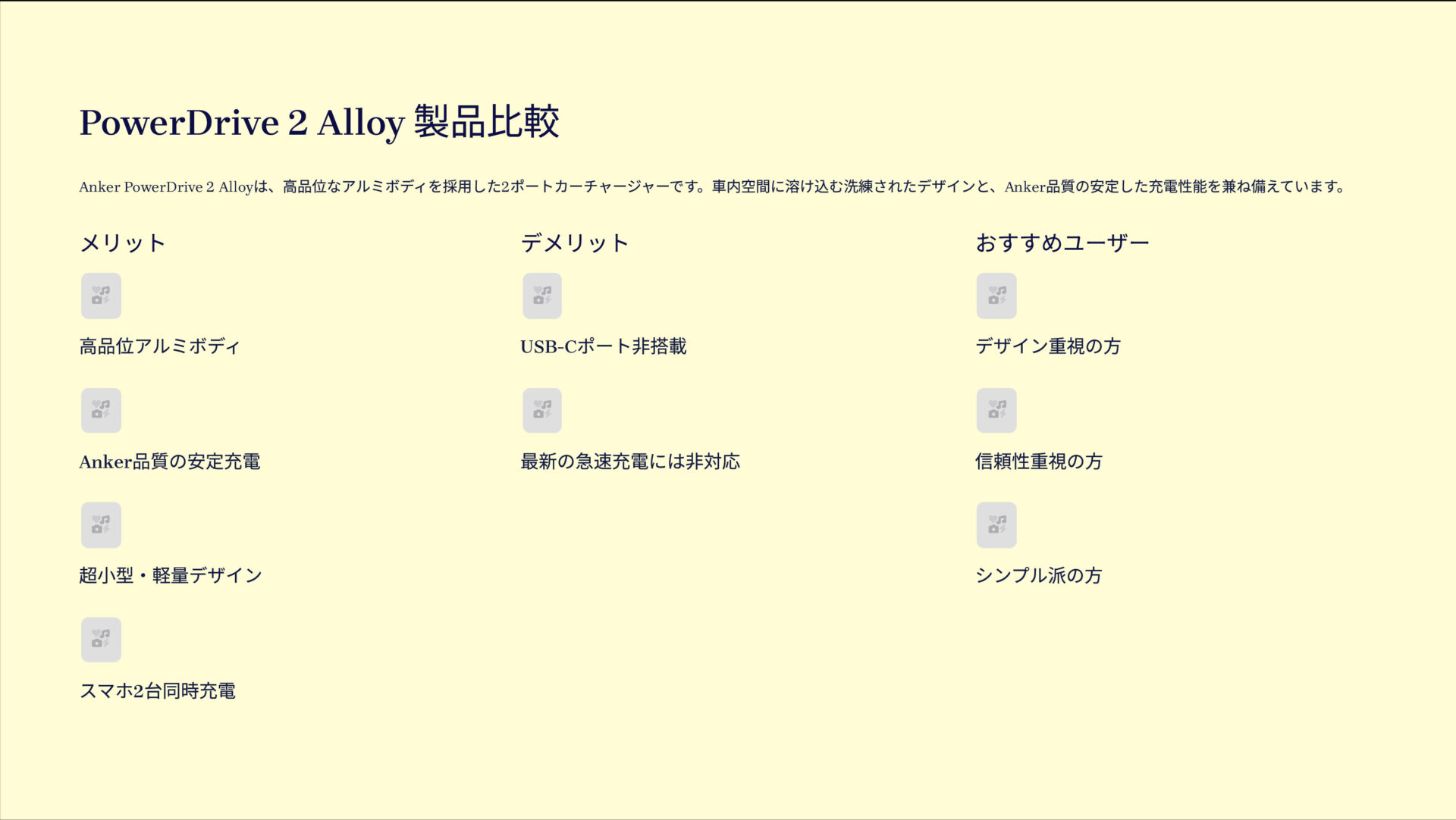 PowerDrive 2 Alloyを評価！｜車内を彩る、高品位Anker充電。 の評価サマリー図