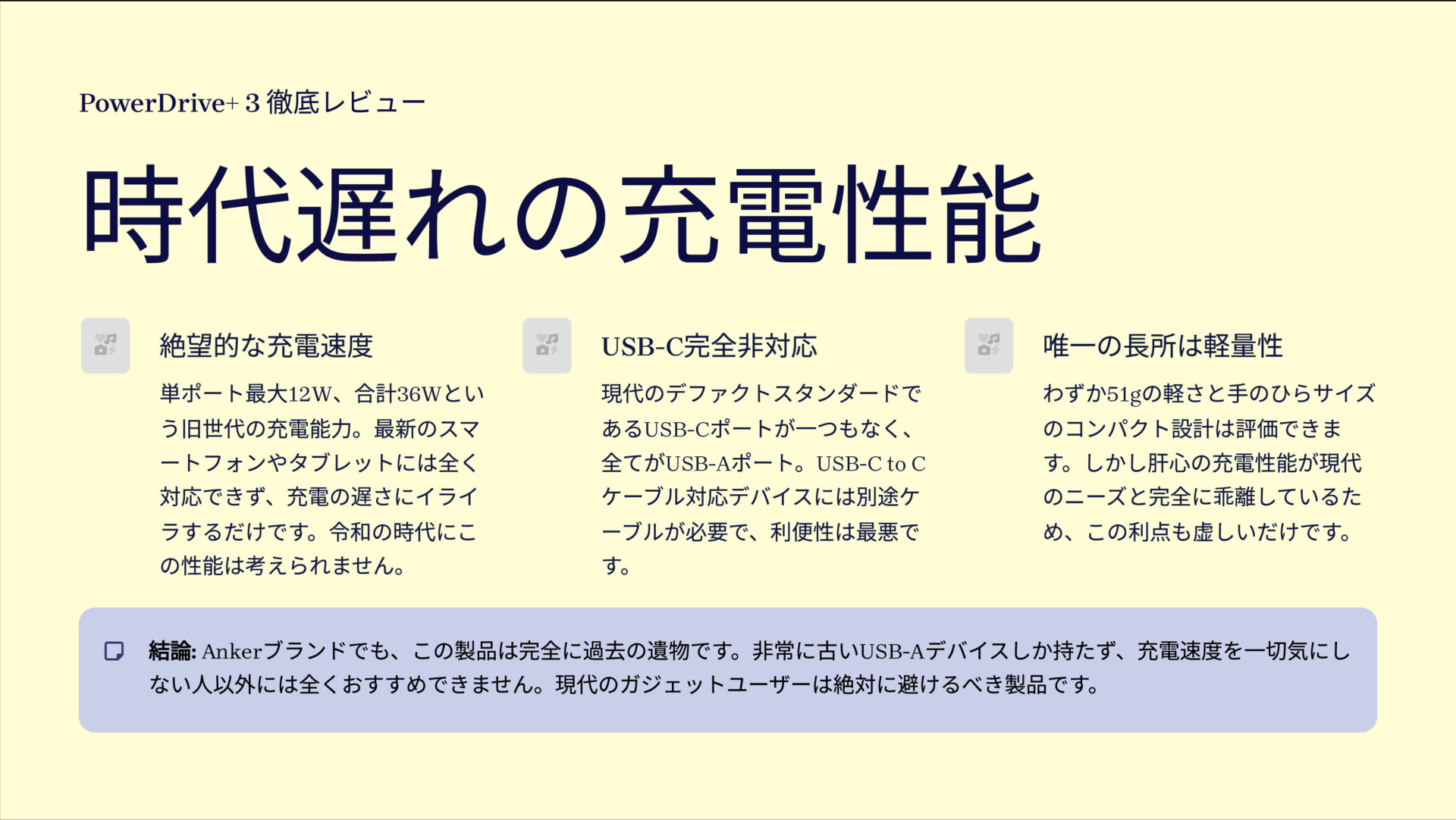 PowerDrive+ 3を評価!|Ankerの黒歴史?旧世代カーチャージャー のまとめスライド